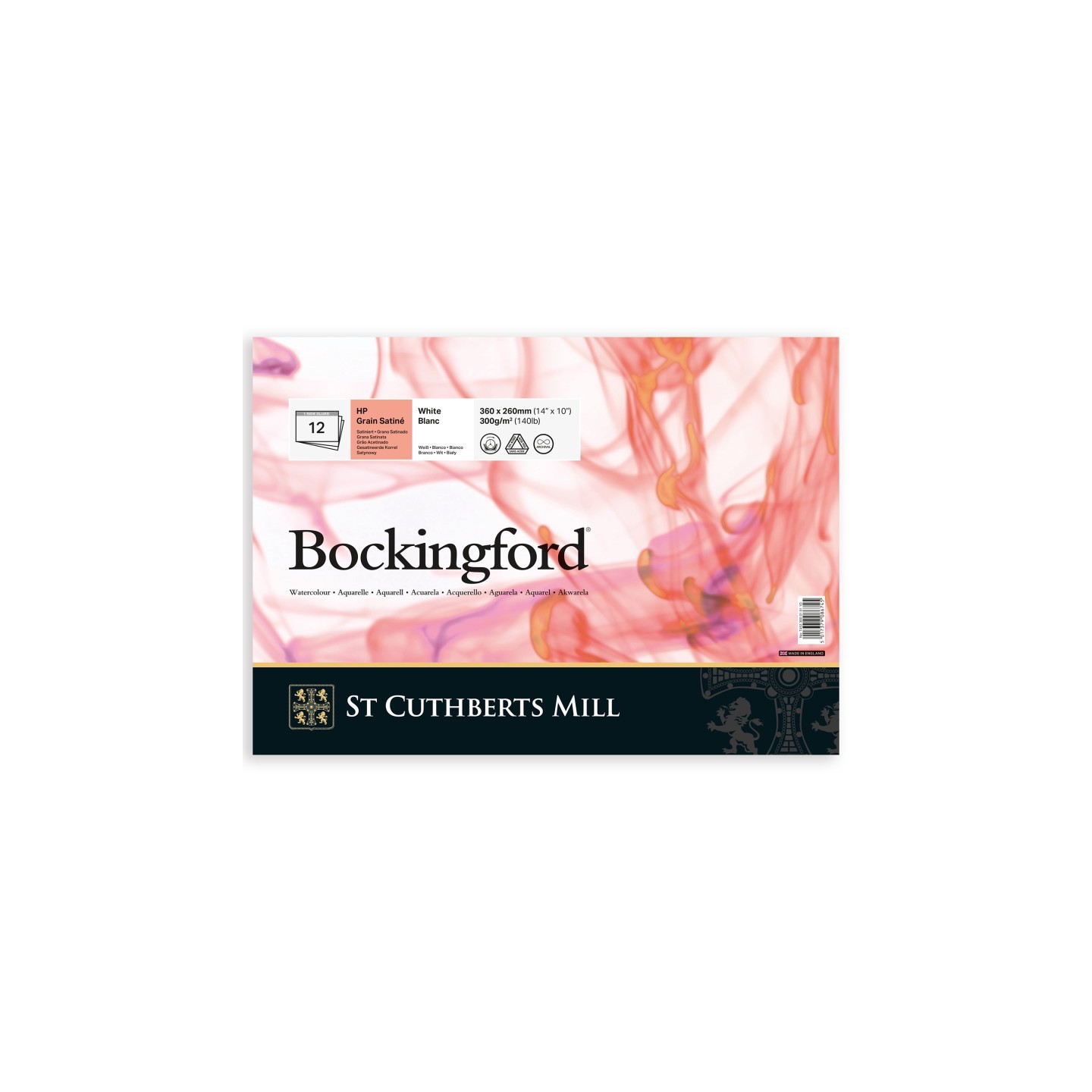 St Cuthberts Bockingford Watercolor Pad, Hot Pressed, White, Glue Binding, 140lb/300gsm, 12 Sheet, 10x14 inch, 1 Count