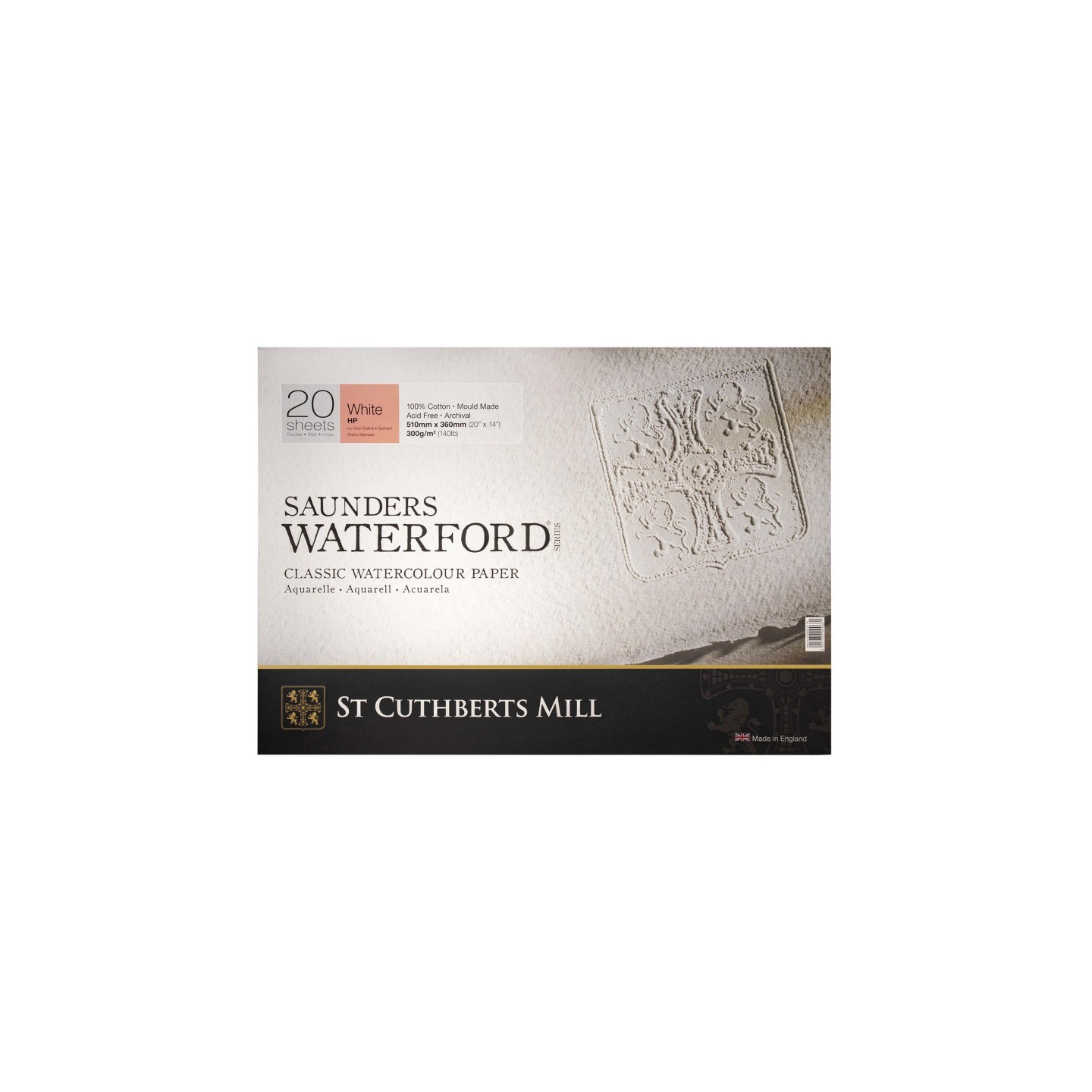 St Cuthberts Saunders Waterford Watercolor Block, Hot Pressed, White, 140lb/300gsm, 20 Sheet, 20x14 inch, 1 Count