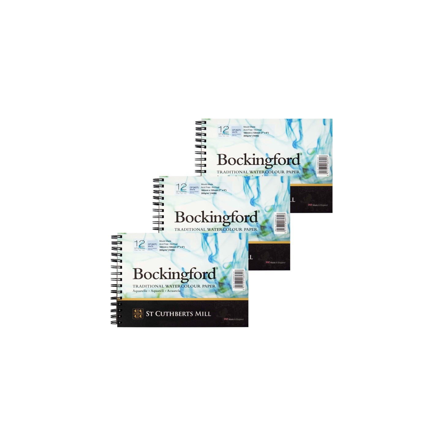 St Cuthberts Bockingford Watercolor Pad, Cold Pressed, Spiral Binding, 140lb/300gsm, 12 Sheet, 5x7 inch, Pack of 3