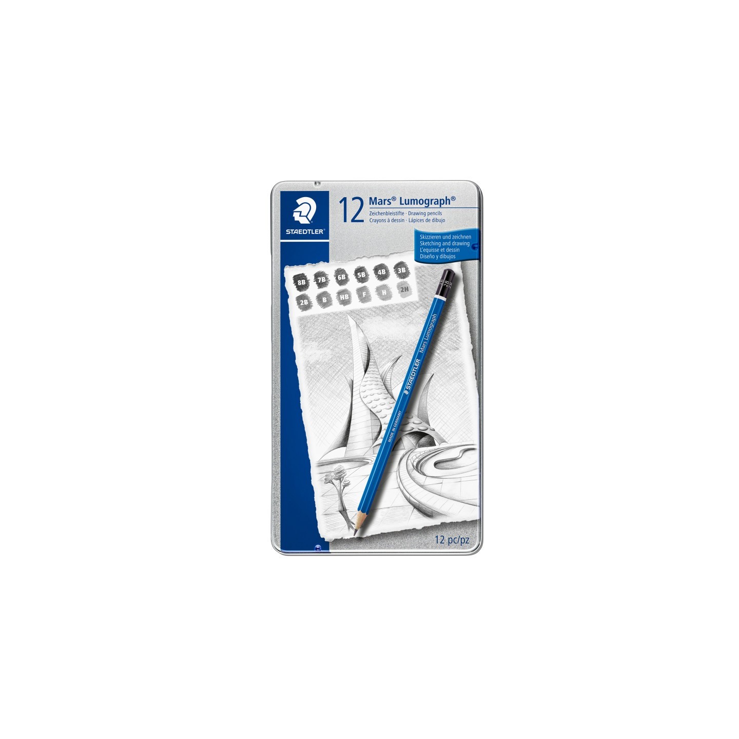 STAEDTLER® Mars® Lumograph® 12 Soft Lead Pencils in Metal Tin (8B, 7B, 6B, 5B, 4B, 3B, 2B, B, HB, F, H, 2H)