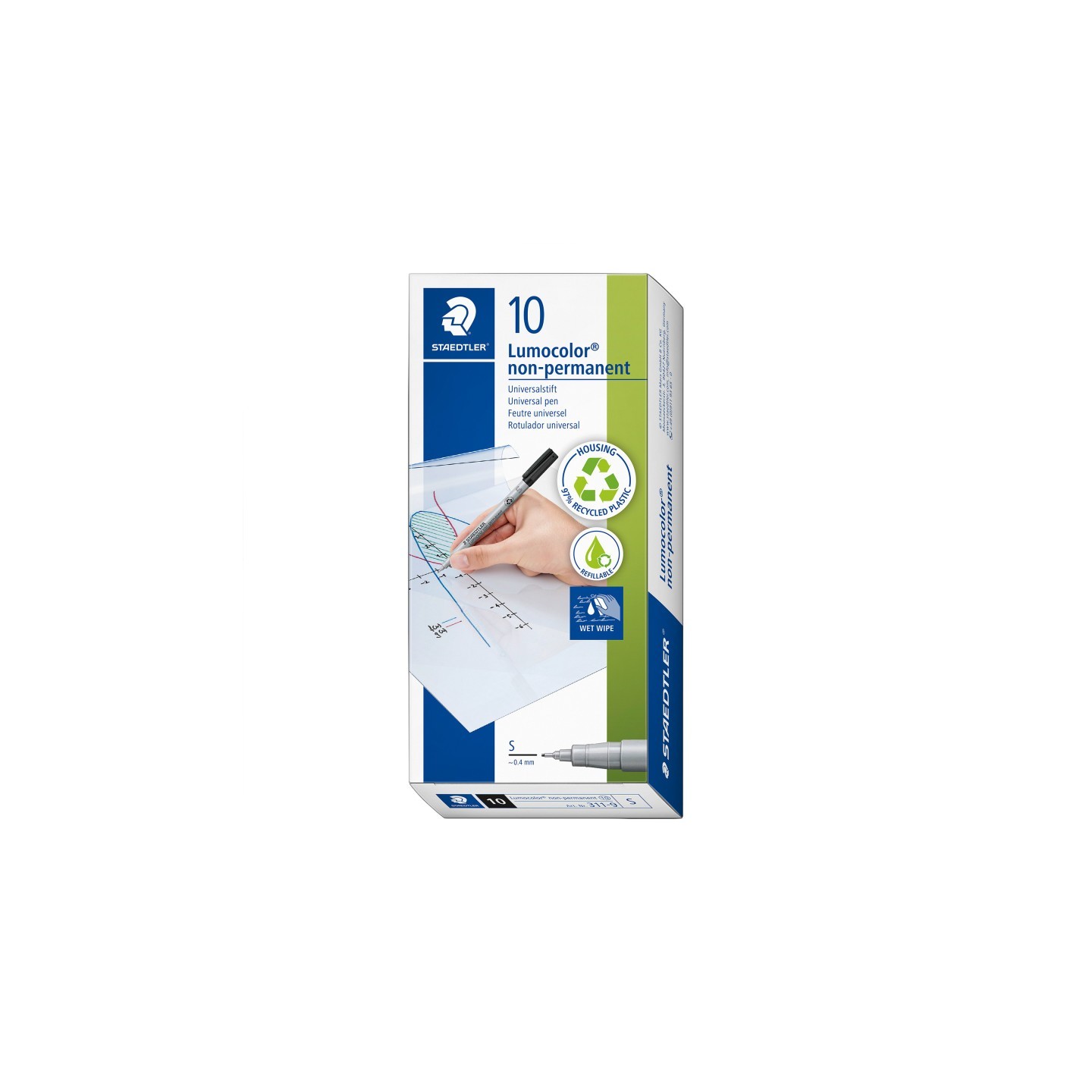 STAEDTLER® Lumocolor Non-Permanent, Wet Erase, Superfine 0.4 mm, Black, Pack of 10