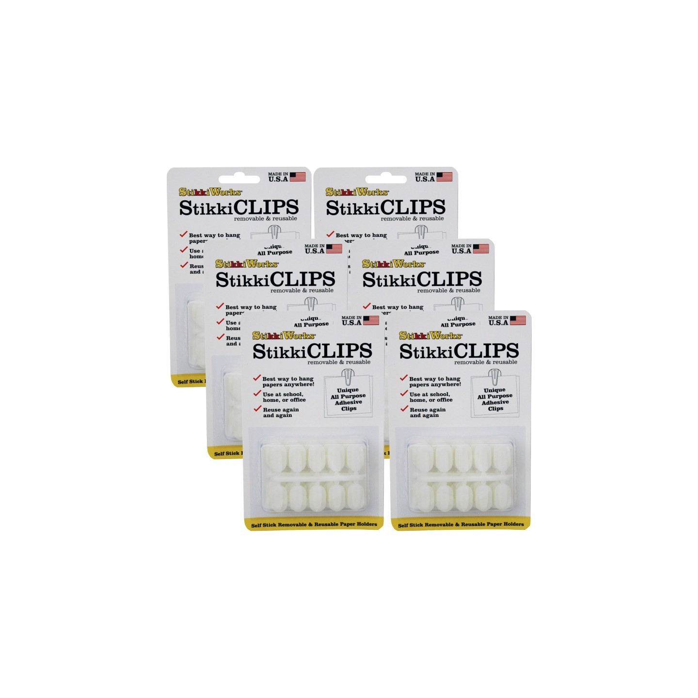 StikkiWorks StikkiCLIPS™ Adhesive Clips, White, 20 Per Pack, 6 Packs