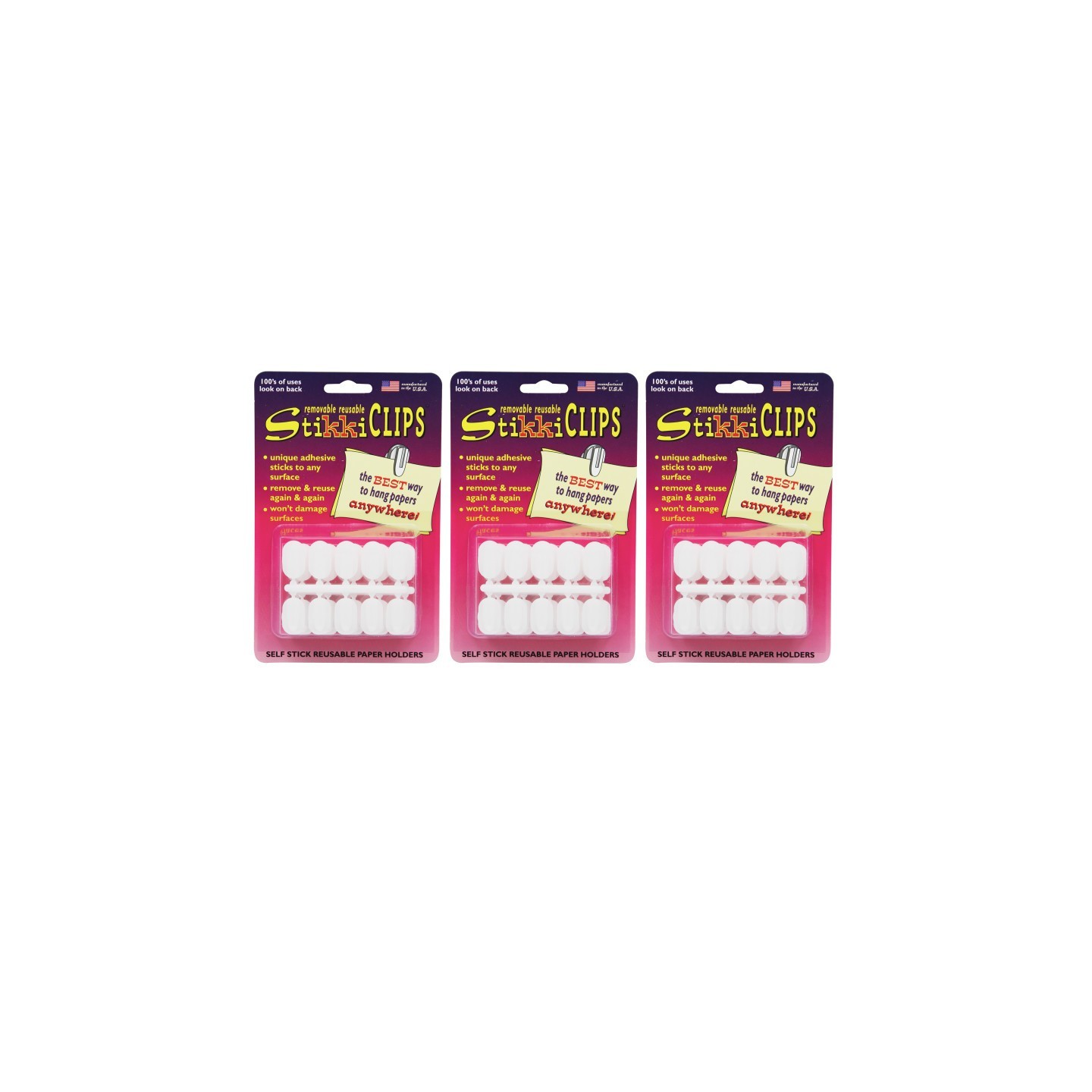 StikkiWorks StikkiCLIPS™ Adhesive Clips, White, 30 Per Pack, 3 Packs