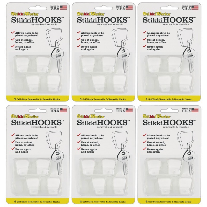 StikkiWorks StikkiHOOKS®, White, 4 Per Pack, 6 Packs