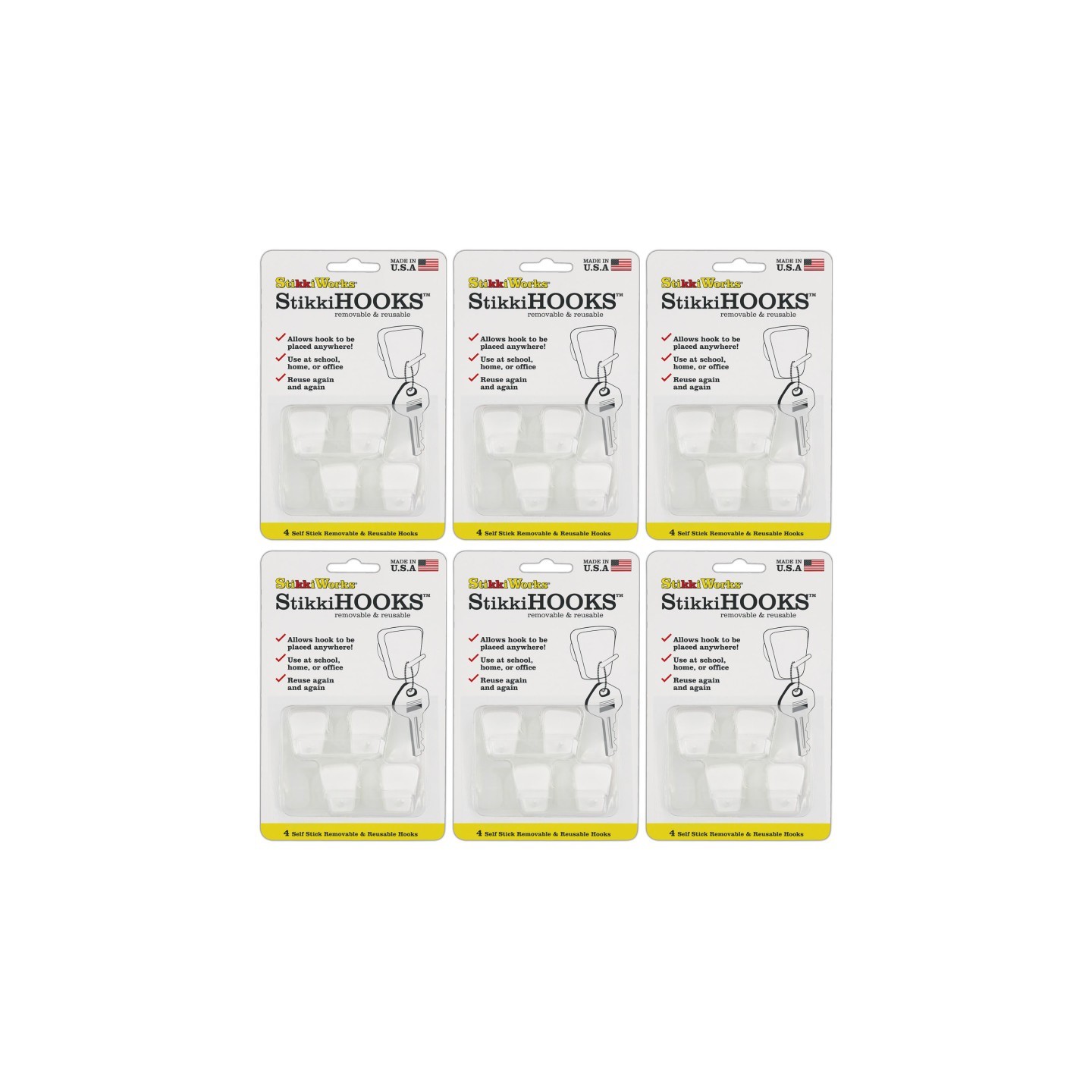 StikkiWorks StikkiHOOKS®, White, 4 Per Pack, 6 Packs