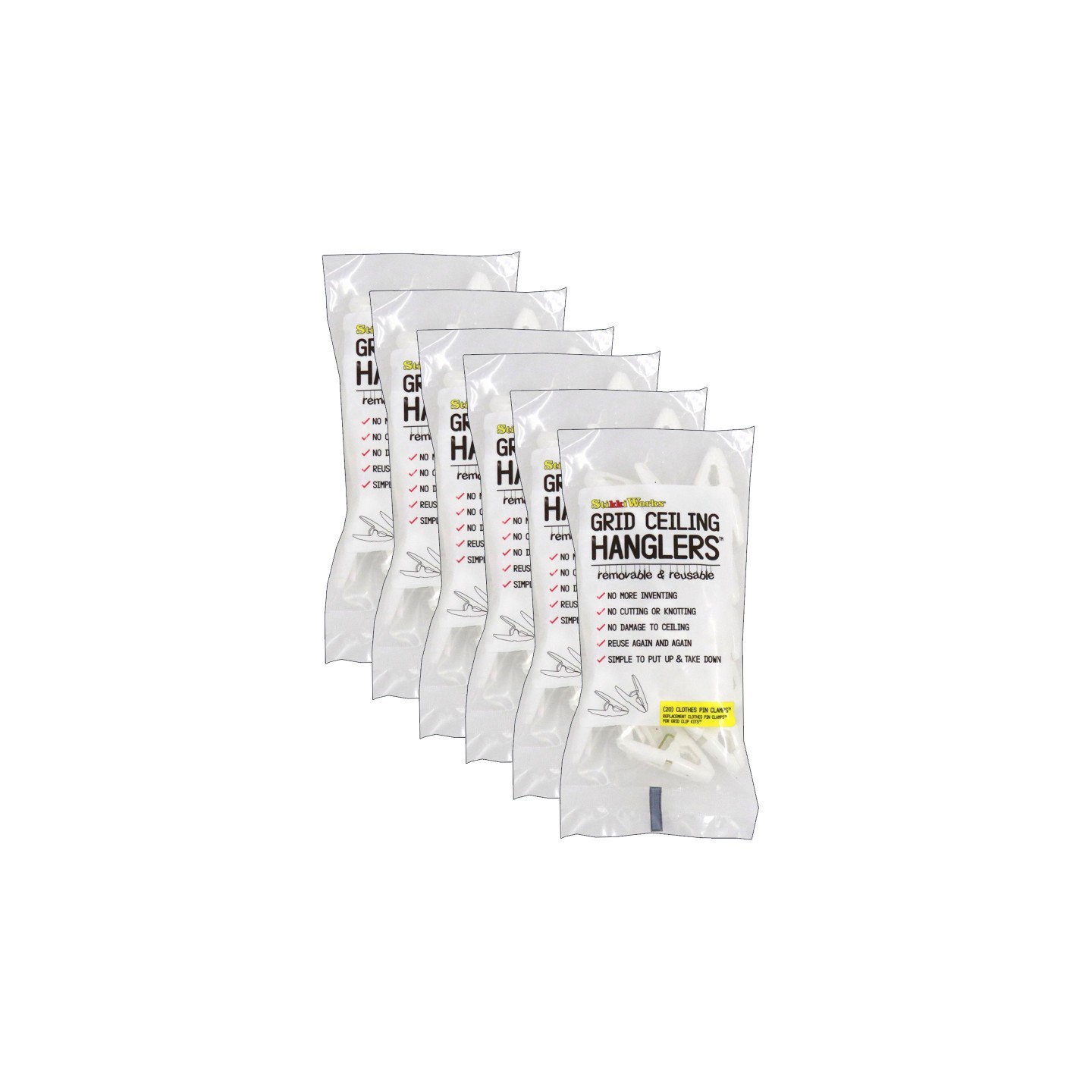 StikkiWorks Grid Ceiling Hanglers™ Clothes Pin Clamps™, 20 Per Pack, 6 Packs