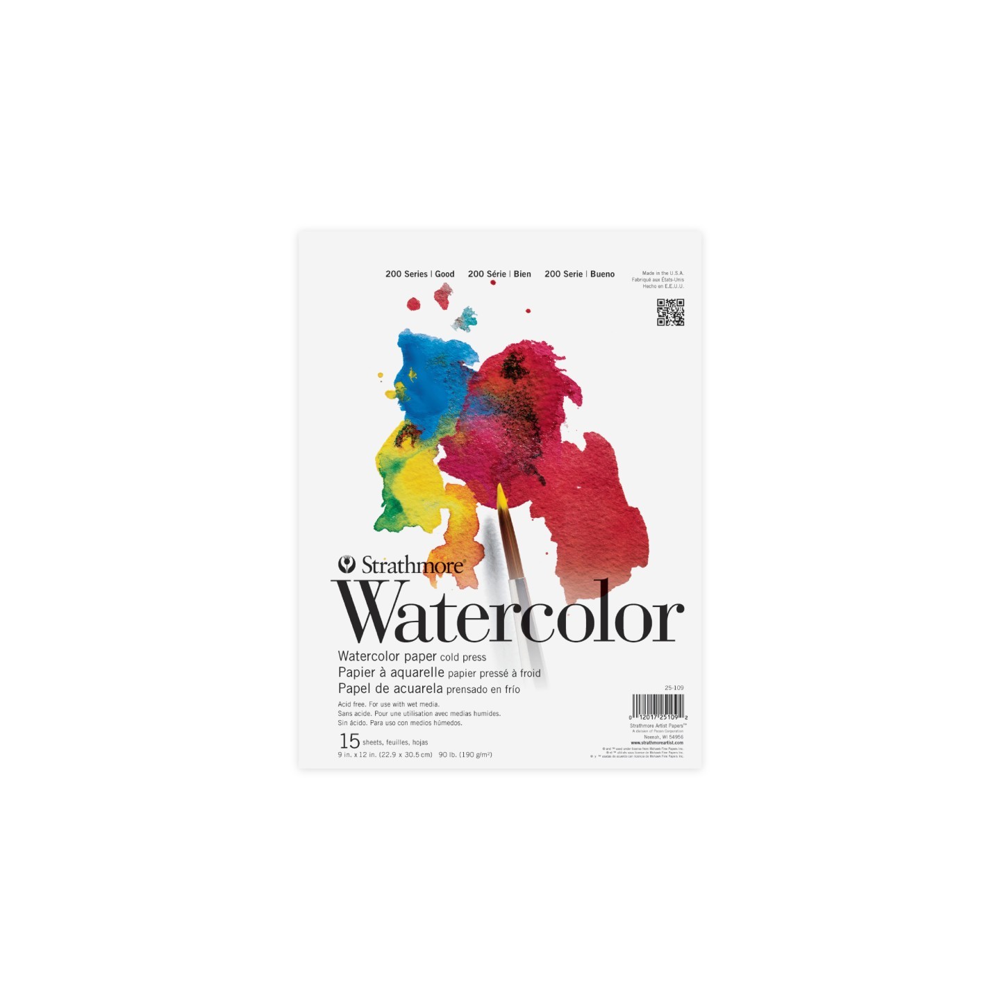 Strathmore 200 Series Watercolor Pad, Tape Binding, 15 Sheets, 9x12 inch