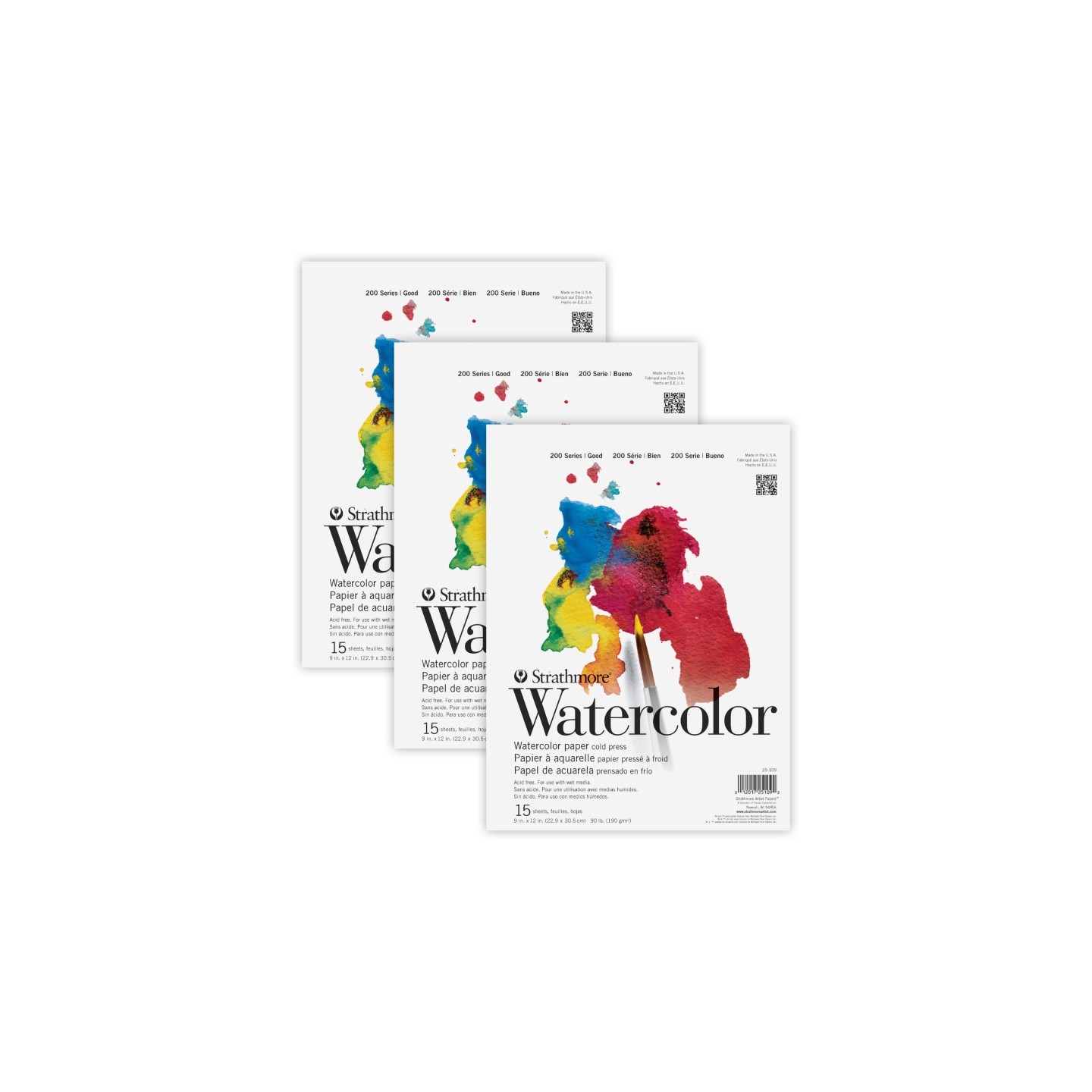 Strathmore 200 Series Watercolor Pad, Tape Binding, 15 Sheets, 9x12 inch, Pack of 3