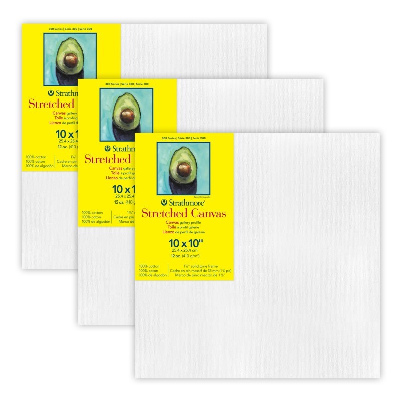 Strathmore 300 Series Gallery Stretched Canvas, 10x10 inch, Pack of 3