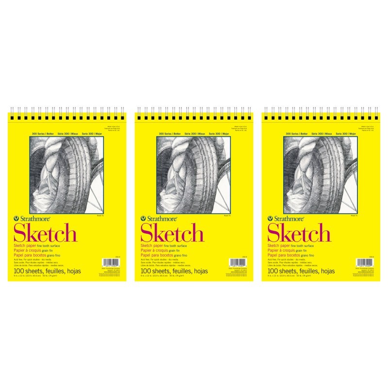 Strathmore 300 Series Sketch Pad, Side Wire Binding, 100 Sheets, 9x12 inch, Pack of 3