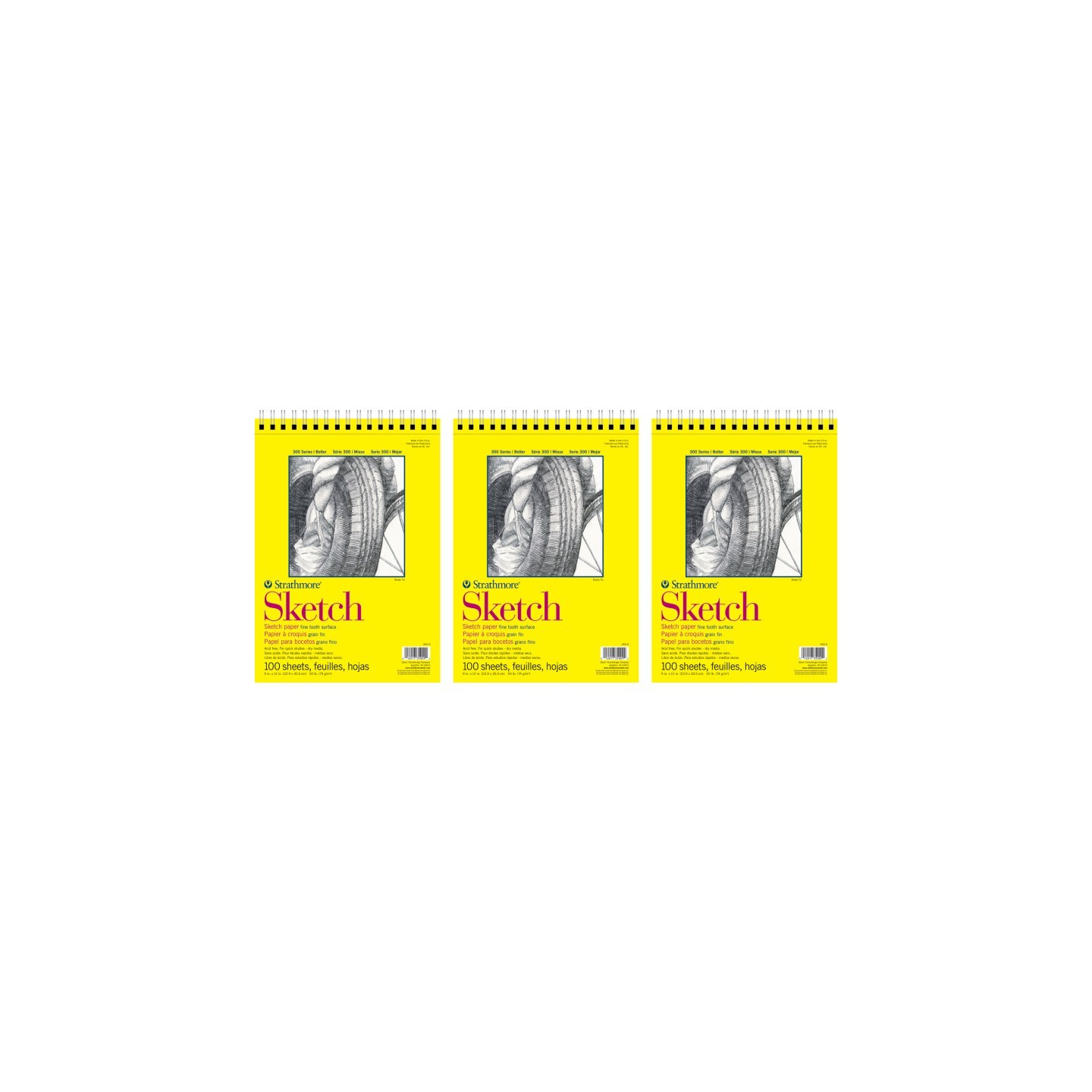 Strathmore 300 Series Sketch Pad, Side Wire Binding, 100 Sheets, 9x12 inch, Pack of 3