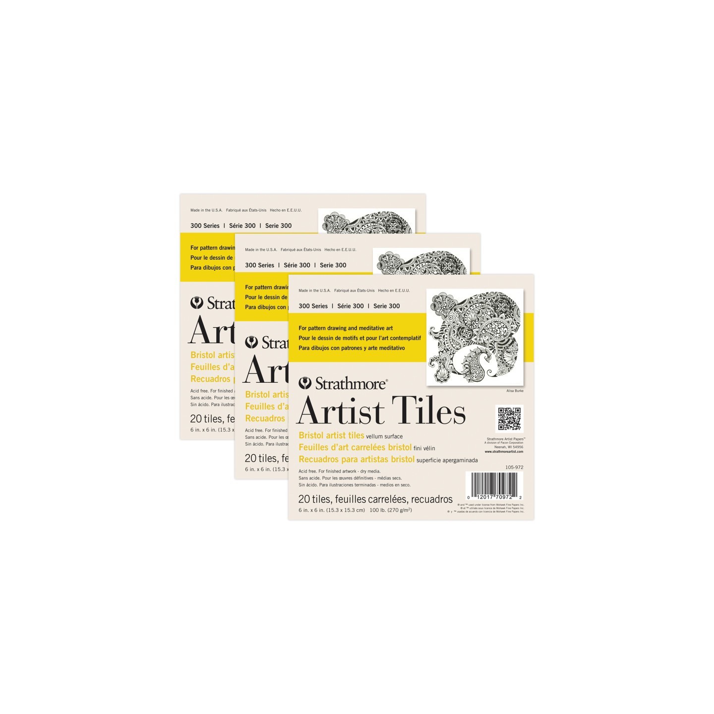 Strathmore 300 Series Artist Tiles, Bristol, Smooth Finish, 6x6 inch, 20 Sheets Per Pack, 3 Packs