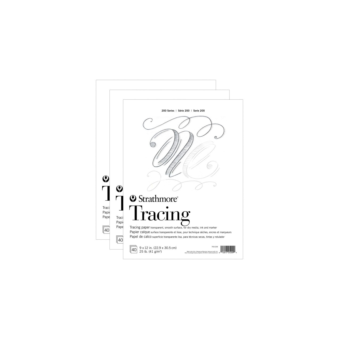 Strathmore 200 Series Tracing Paper Pad, Tape Binding, 40 Sheet, 9x12 inch, Pack of 3