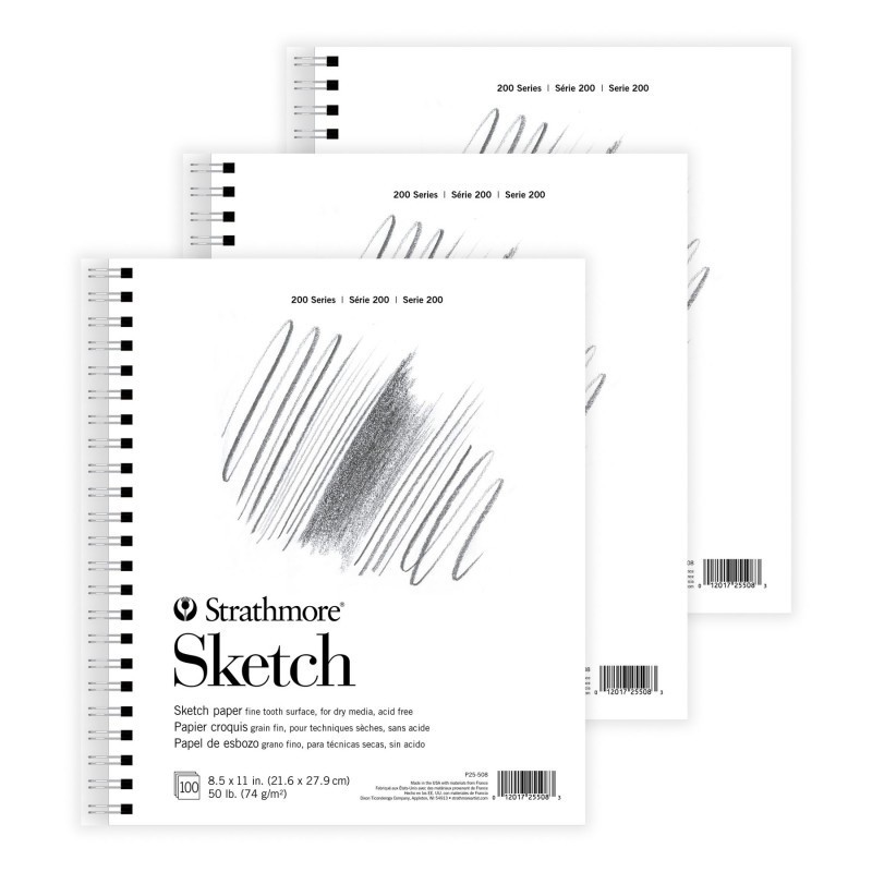 Strathmore 200 Series Sketch Paper Pad, Wire Binding, 100 Sheet, 8.5x11 inch, Pack of 3