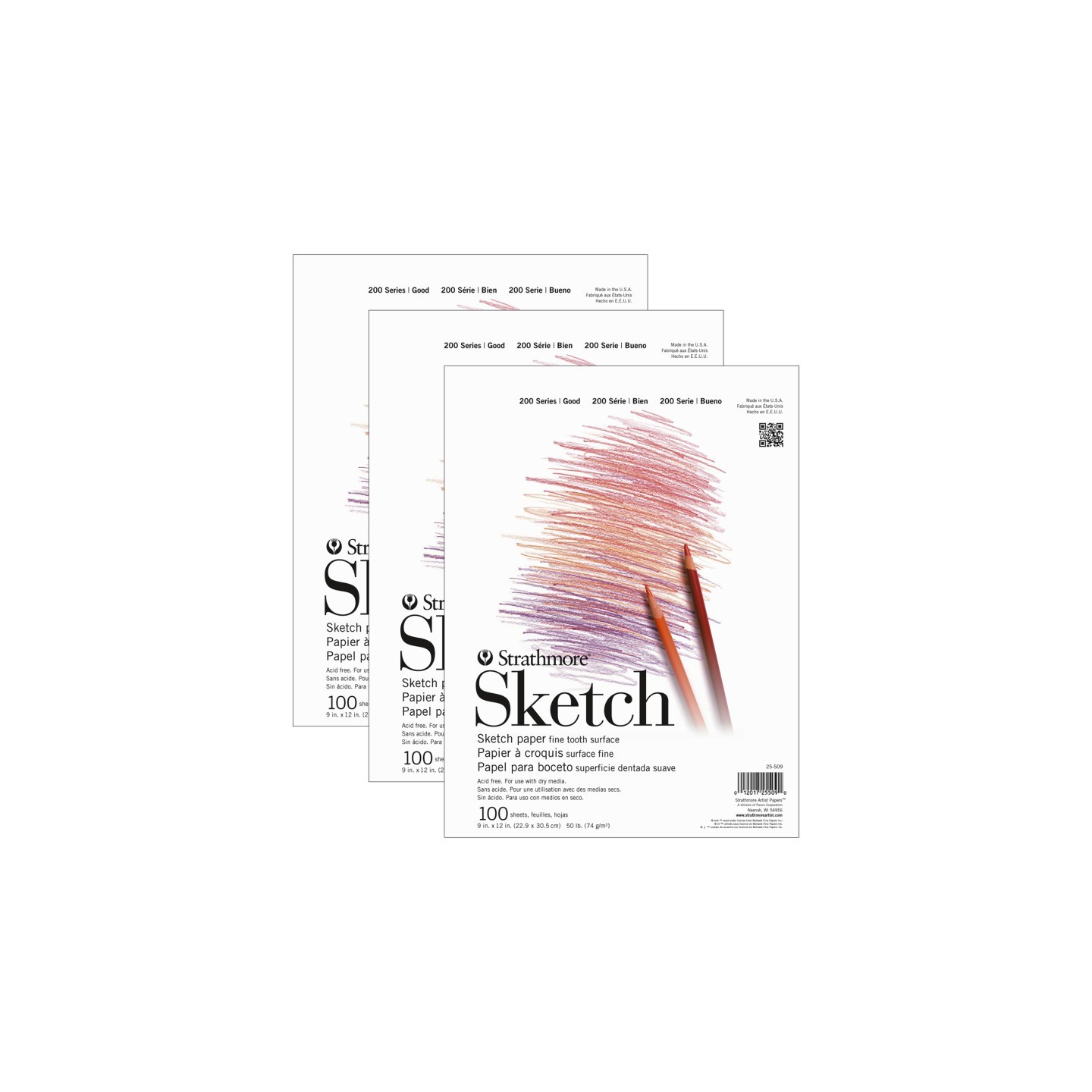 Strathmore 200 Series Sketch Pad, Tape Binding, 100 Sheet, 9x12 inch, Pack of 3