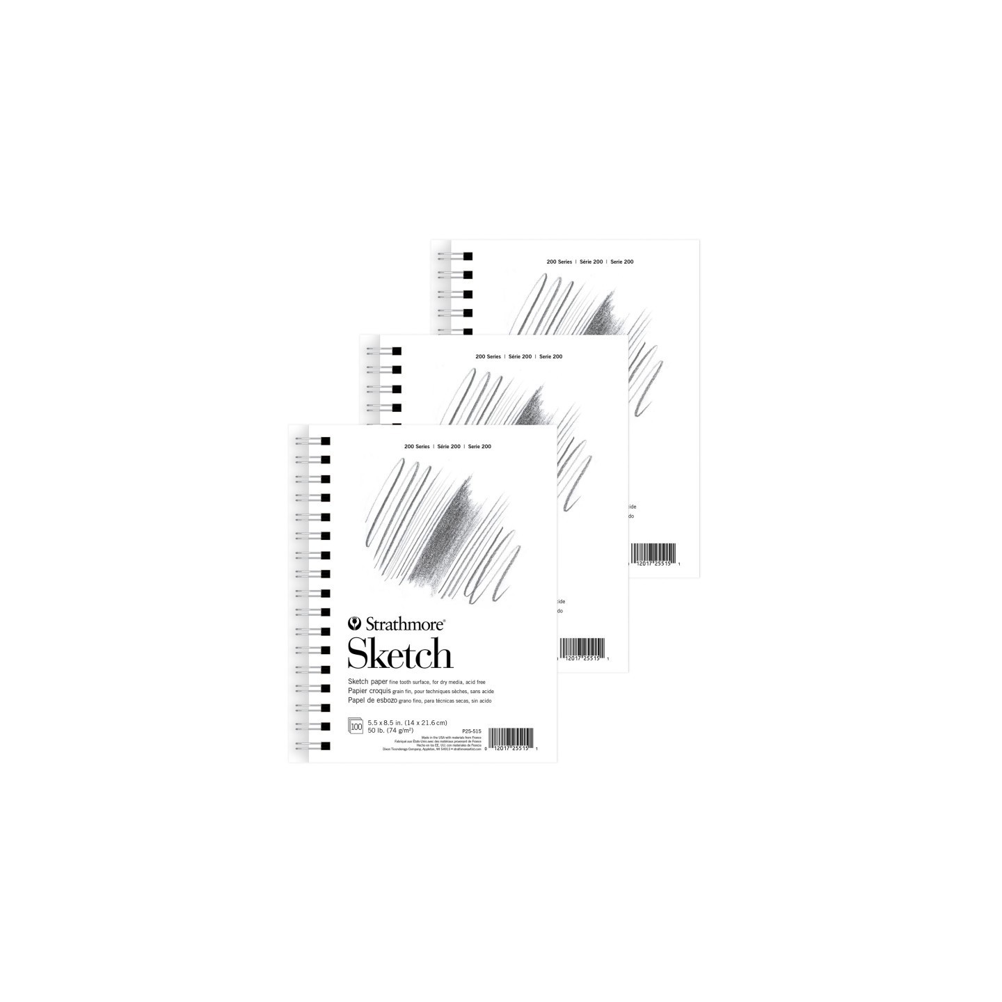 Strathmore 200 Series Sketch Paper Pad, Side Wire Binding, 100 Sheet, 5.5x8.5 inch, Pack of 3