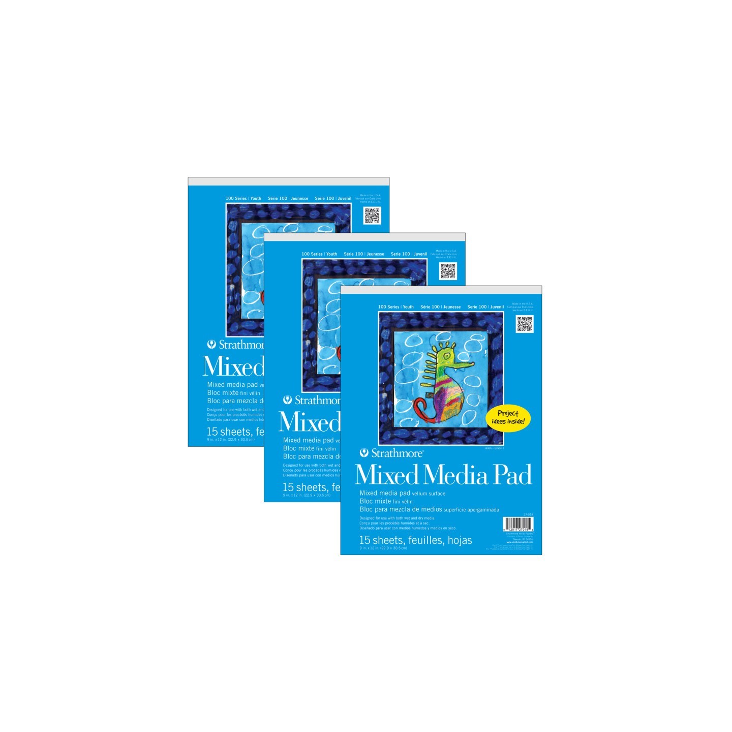 Strathmore 100 Series Mixed Media Pad, 15 Sheet, 9x12 inch, Pack of 3
