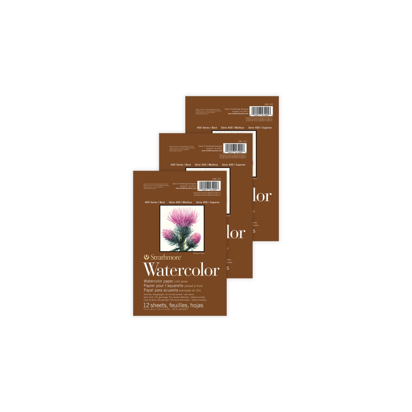 Strathmore 400 Series Watercolor Paper Pad, Cold Pressed, Tape Binding, 12 Sheet, 5.5x8.5 inch, Pack of 3