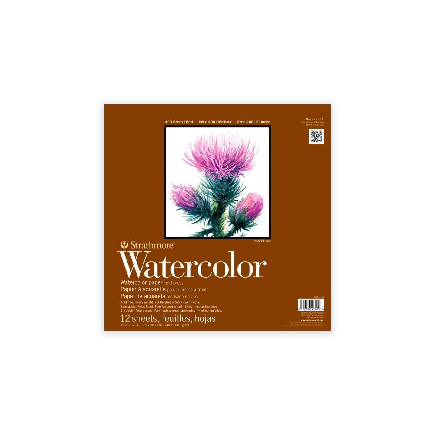 Strathmore 400 Series Watercolor Paper Pad, Cold Pressed, Tape Binding, 12 Sheet, 12x12 inch, 1 Count