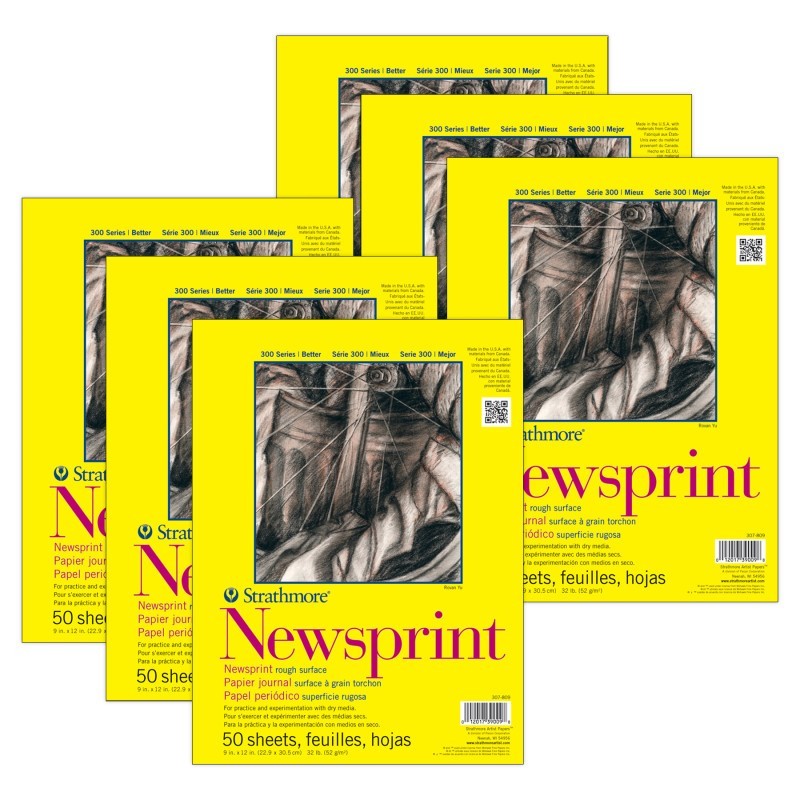 Strathmore 300 Series Newsprint Pad, Tape Binding, 50 Sheet, 9x12 inch, Pack of 6