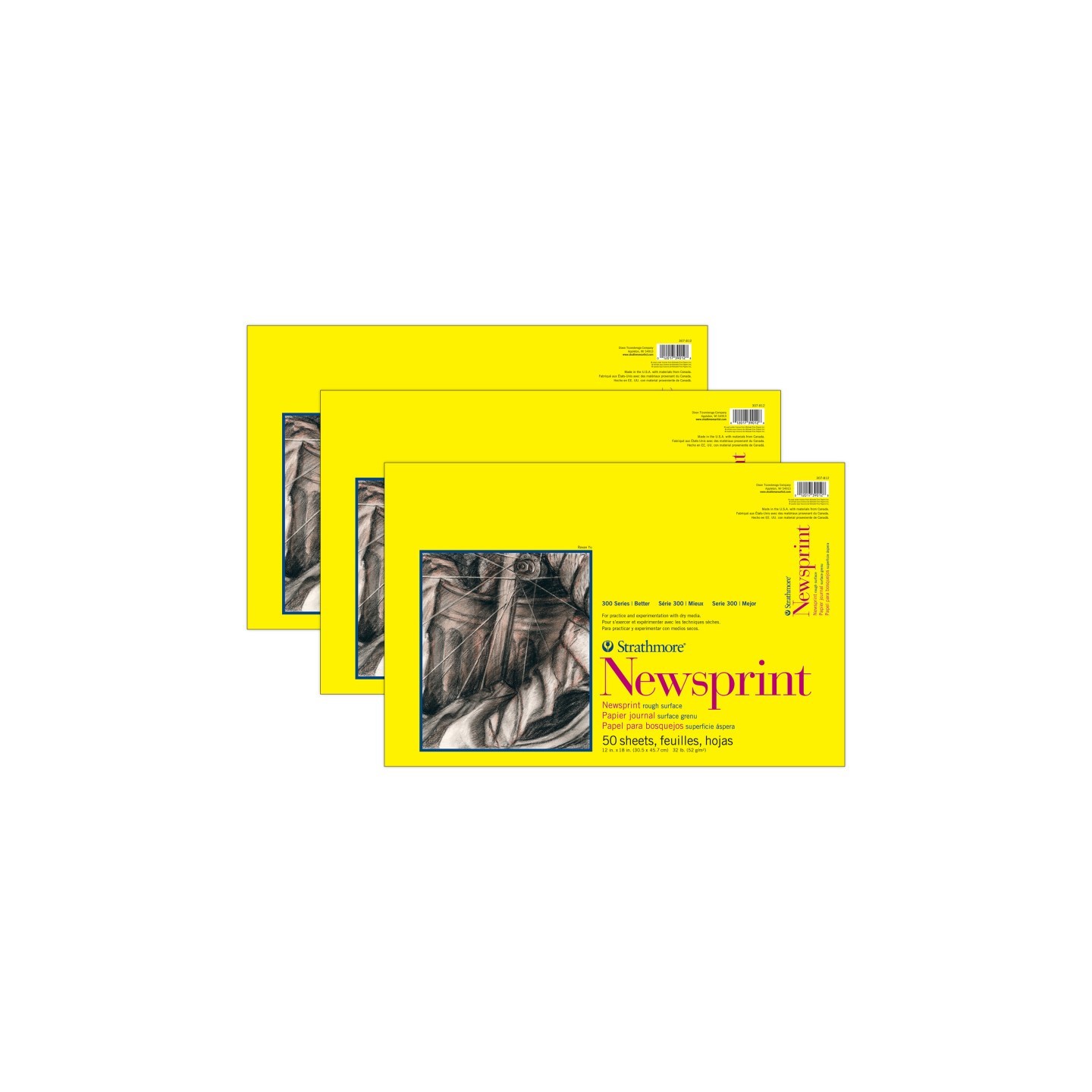 Strathmore 300 Series Newsprint Pad, Tape Binding, 50 Sheet, 12x18 inch, Pack of 3