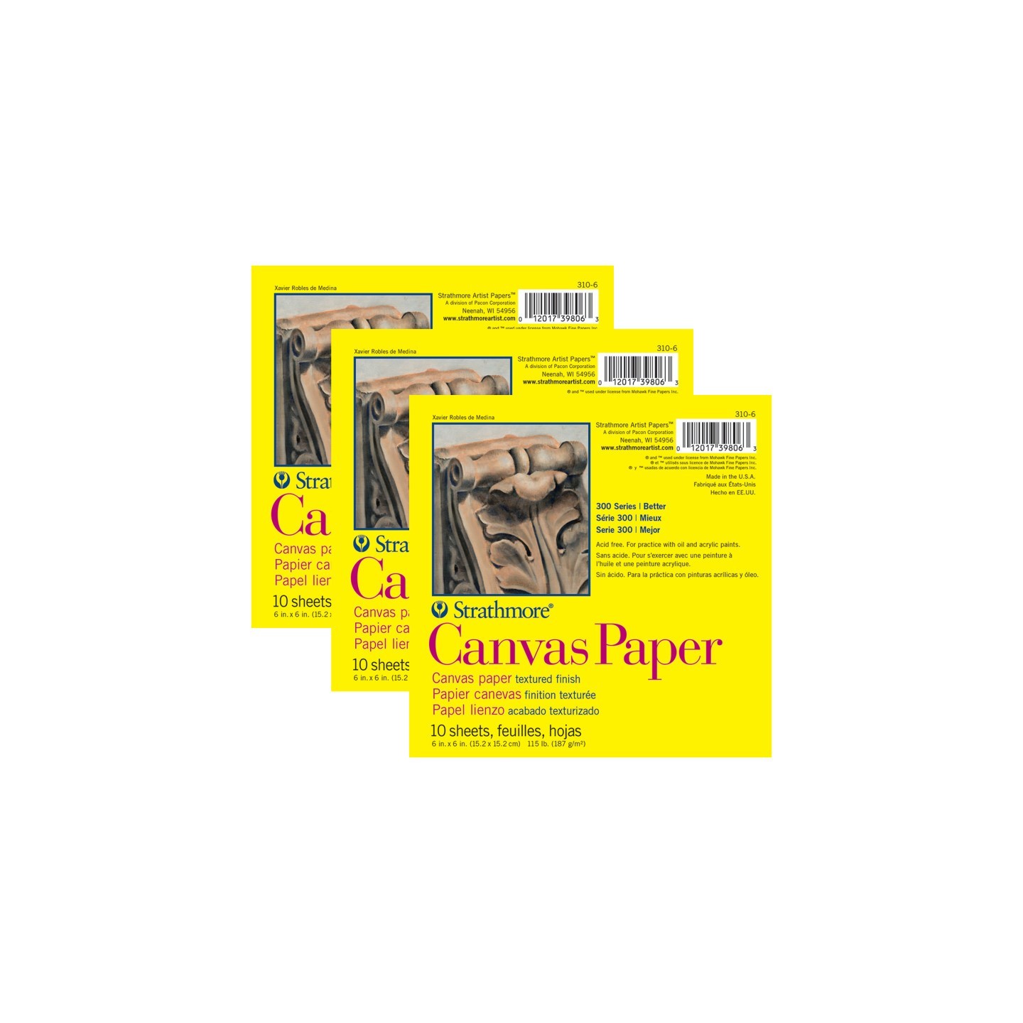 Strathmore 300 Series Canvas Paper Pad, 6" x 6", 10 Sheets, Pack of 3