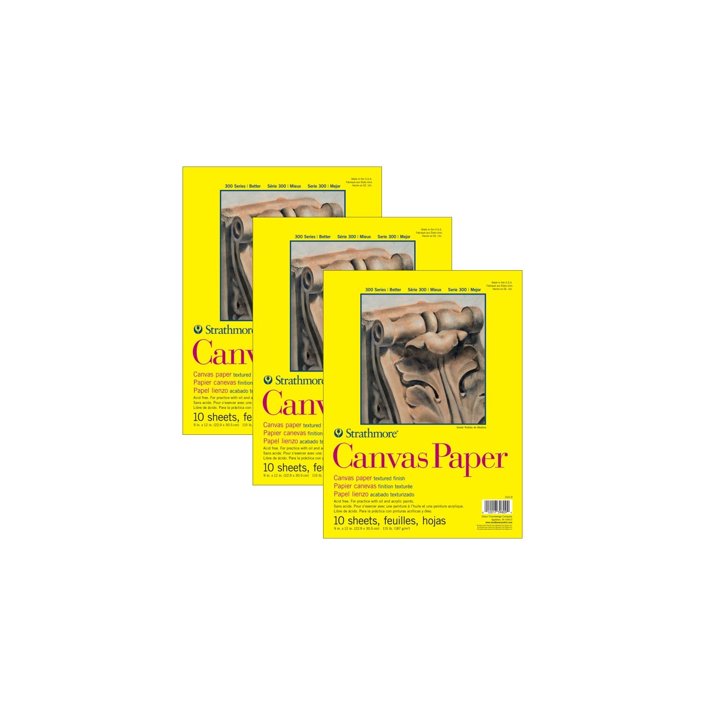 Strathmore 300 Series Canvas Paper Pad, Glue Binding, 10 Sheet, 9x12 inch, Pack of 3