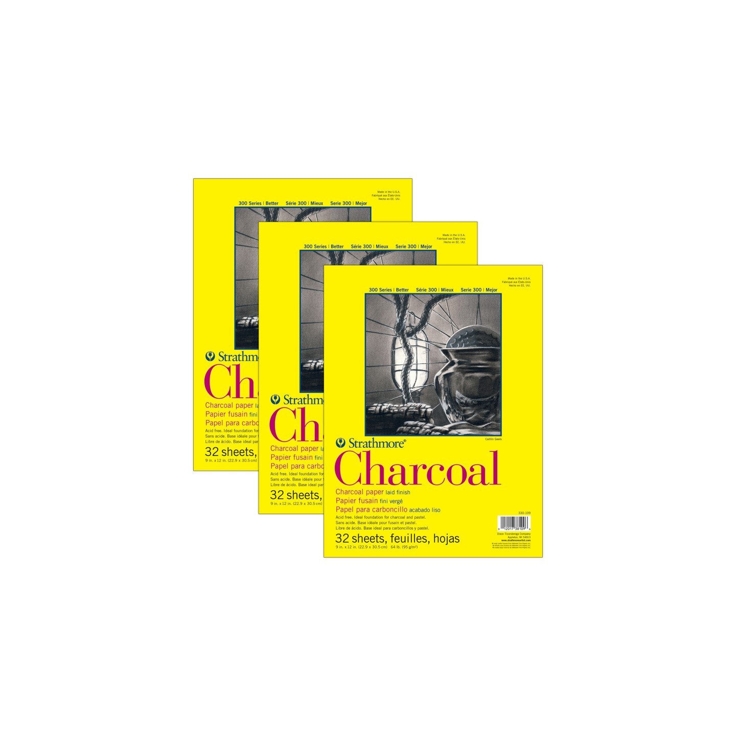 Strathmore 300 Series Charcoal Pad, Glue Binding, 32 Sheet, 9x12 inch, Pack of 3