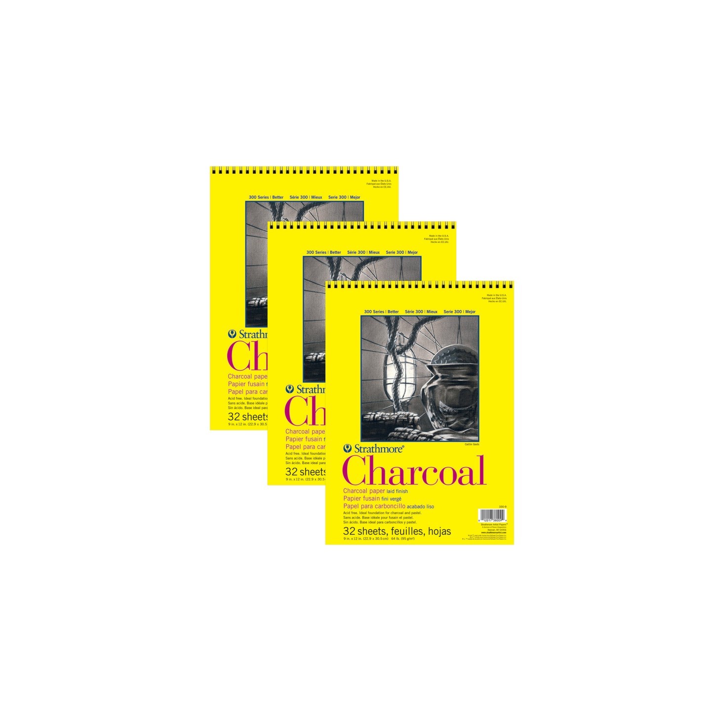 Strathmore 300 Series Charcoal Pad, Top Wire Binding, 32 Sheet, 9x12 inch, Pack of 3