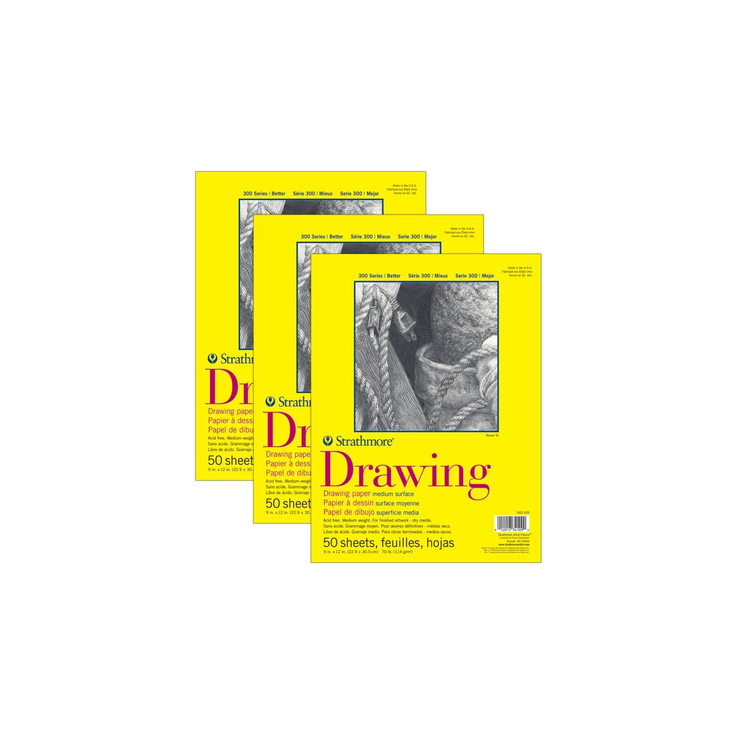 Strathmore 300 Series Drawing Pad, Glue Binding, 50 Sheet, 9x12 inch, Pack of 3