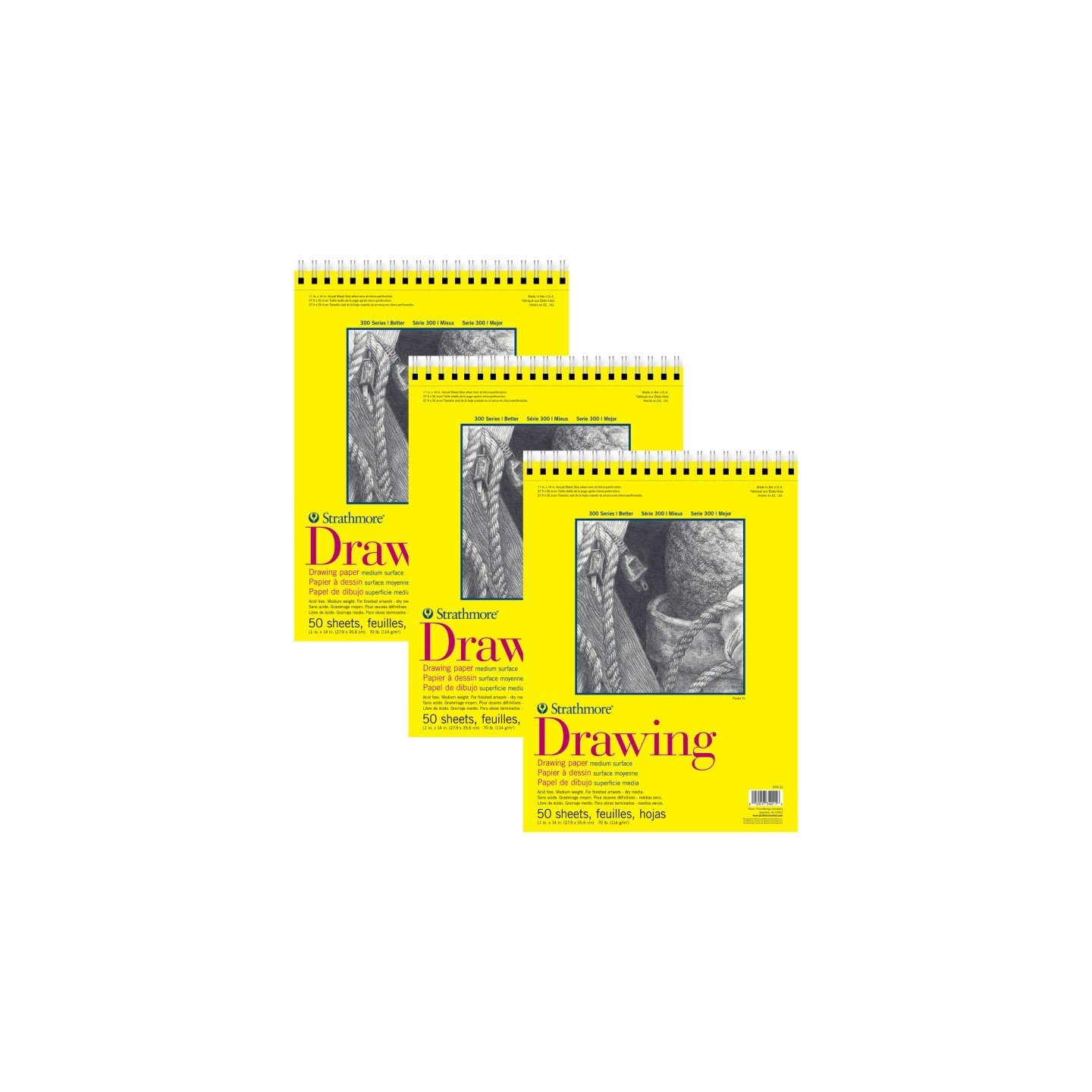 Strathmore 300 Series Drawing Pad, Top Wire Binding, 50 Sheet, 11x14 inch, Pack of 3