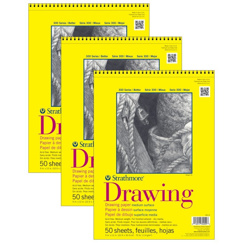 Strathmore 300 Series Drawing Pad, Top Wire Binding, 50 Sheet, 9x12 inch, Pack of 3