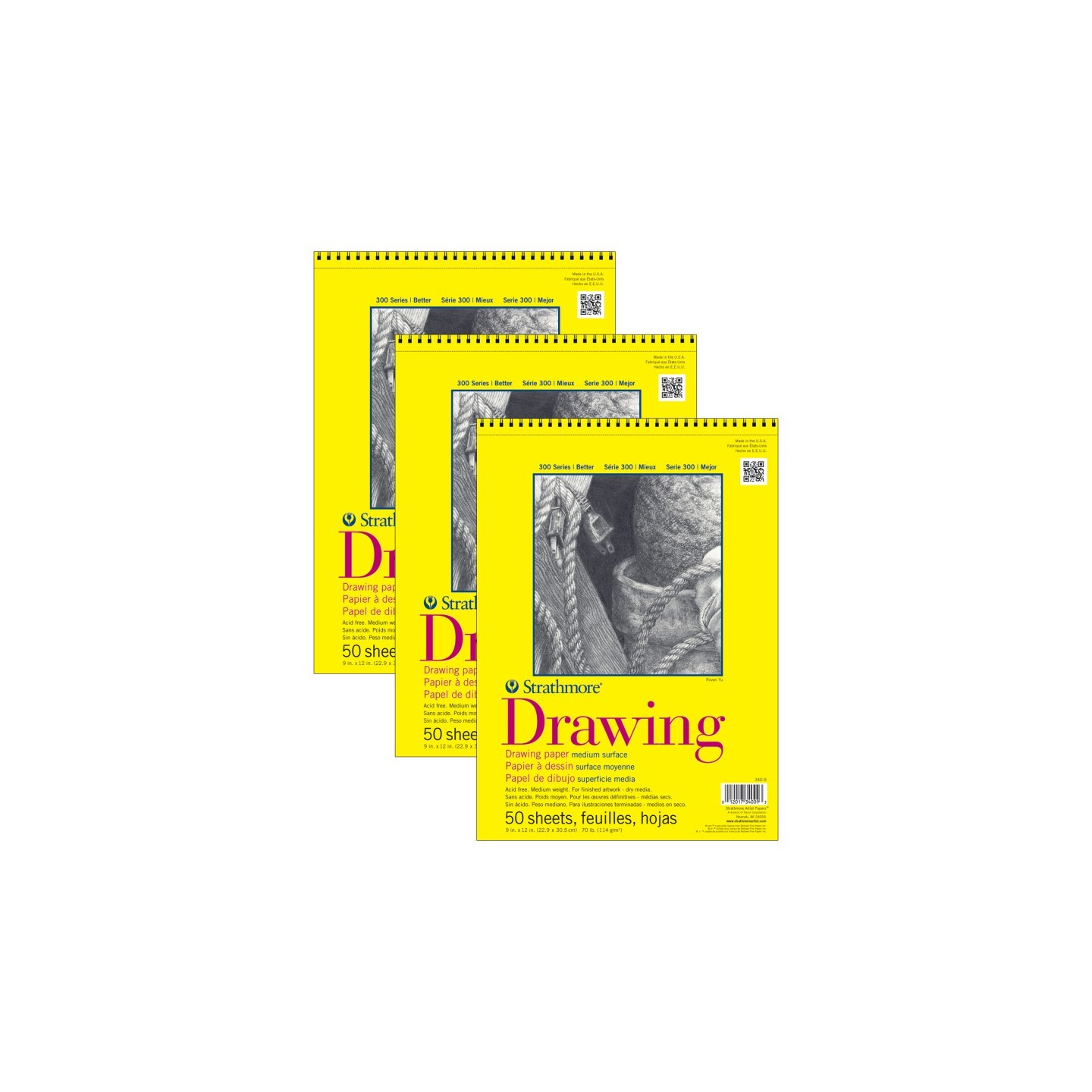 Strathmore 300 Series Drawing Pad, Top Wire Binding, 50 Sheet, 9x12 inch, Pack of 3