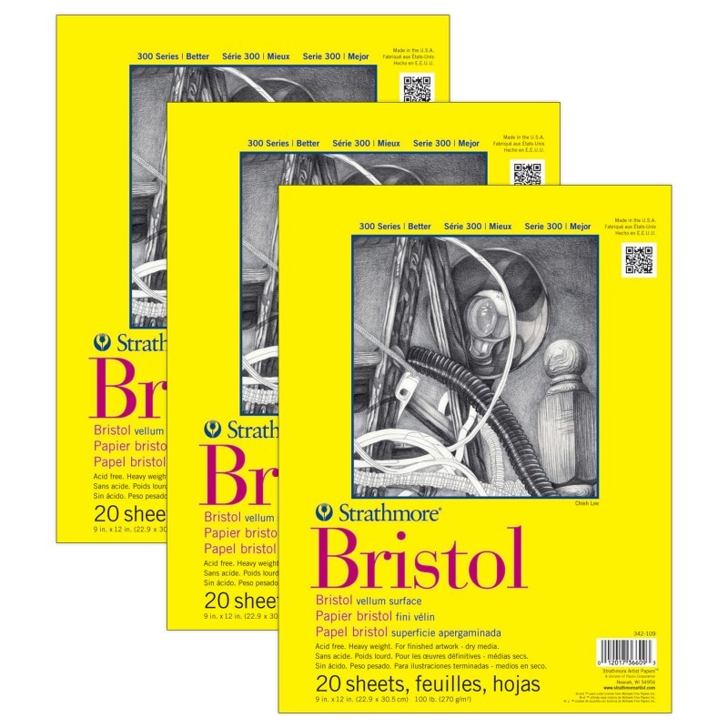 Strathmore 300 Series Bristol Pad, Vellum Finish, Tape Binding, 20 Sheet, 9x12 inch, Pack of 3