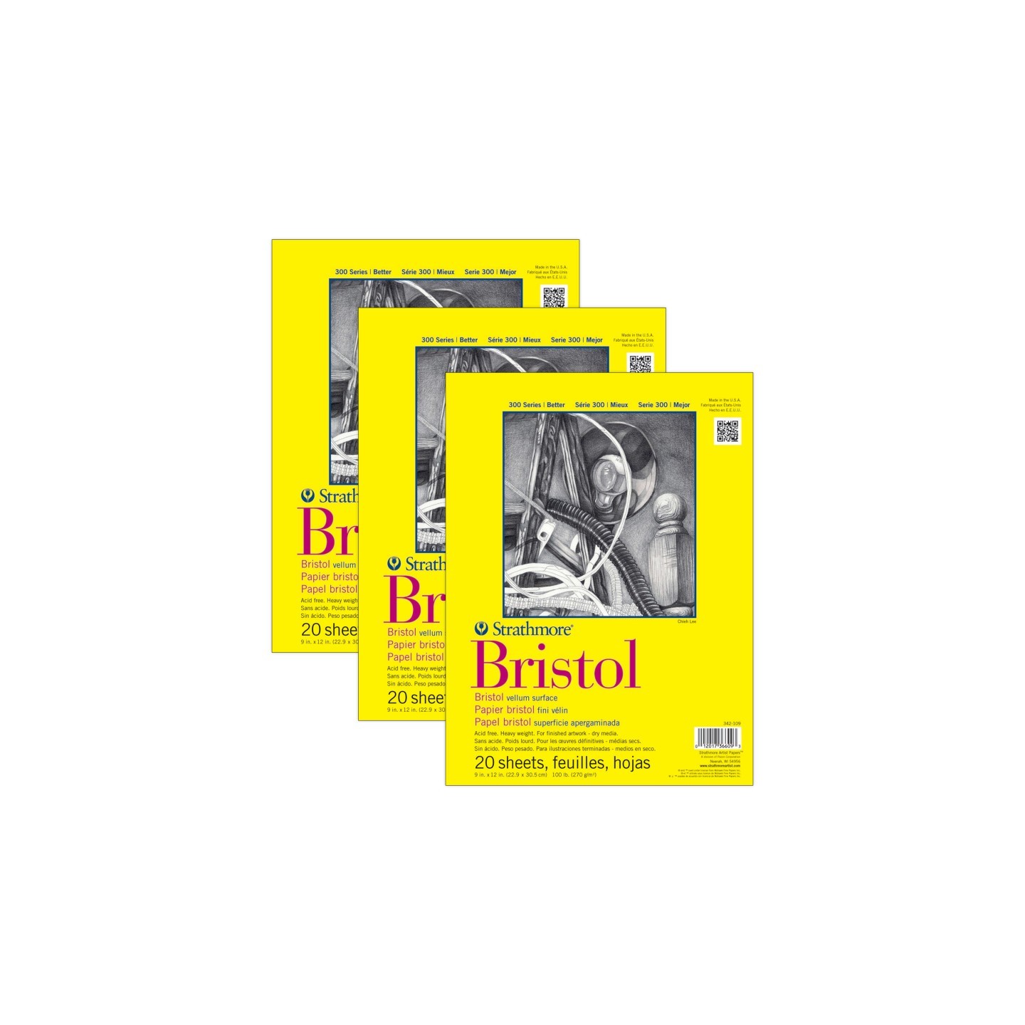 Strathmore 300 Series Bristol Pad, Vellum Finish, Tape Binding, 20 Sheet, 9x12 inch, Pack of 3