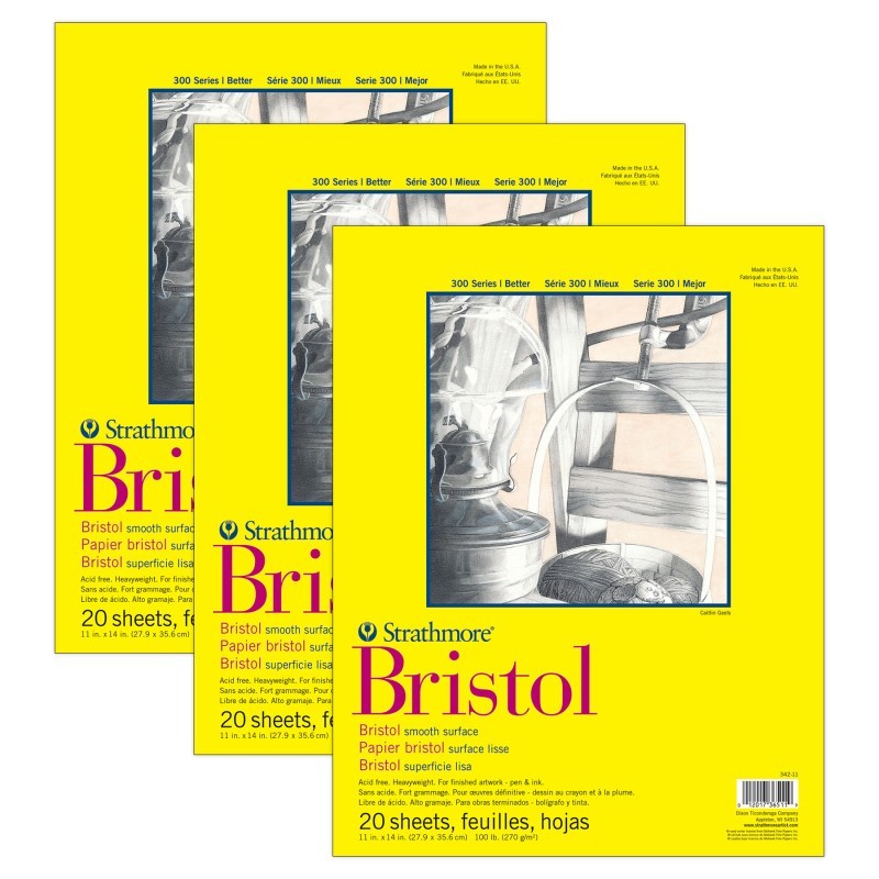 Strathmore 300 Series Bristol Pad, Smooth Finish, Tape Binding, 20 Sheet, 11x14 inch, Pack of 3
