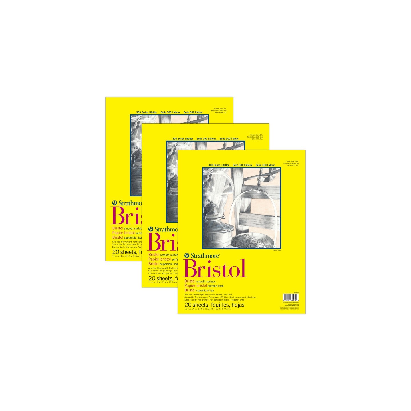 Strathmore 300 Series Bristol Pad, Smooth Finish, Tape Binding, 20 Sheet, 11x14 inch, Pack of 3