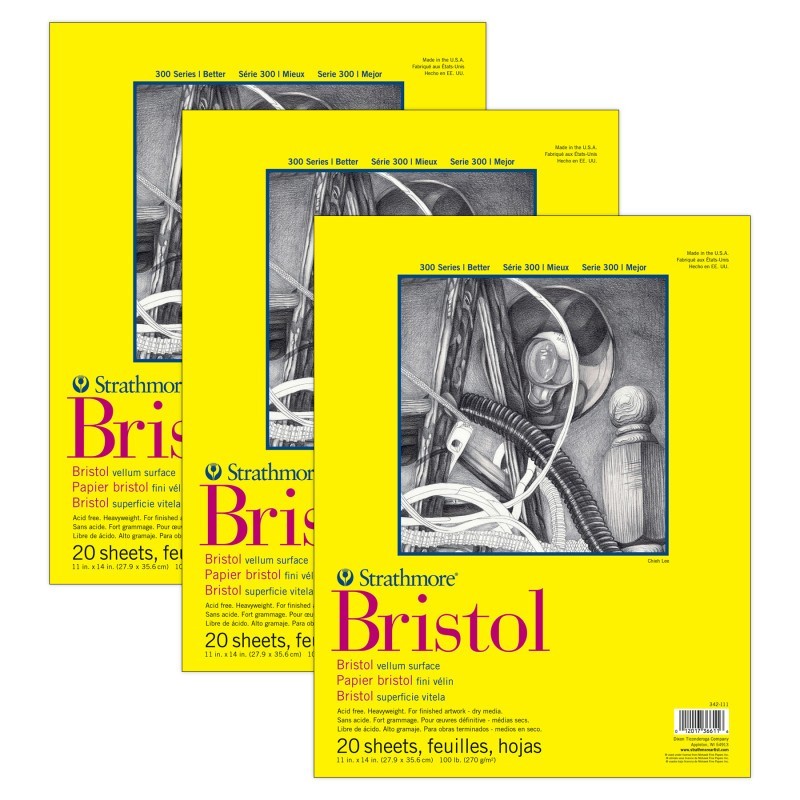 Strathmore 300 Series Bristol Pad, Vellum Finish, Tape Binding, 20 Sheet, 11x14 inch, Pack of 3