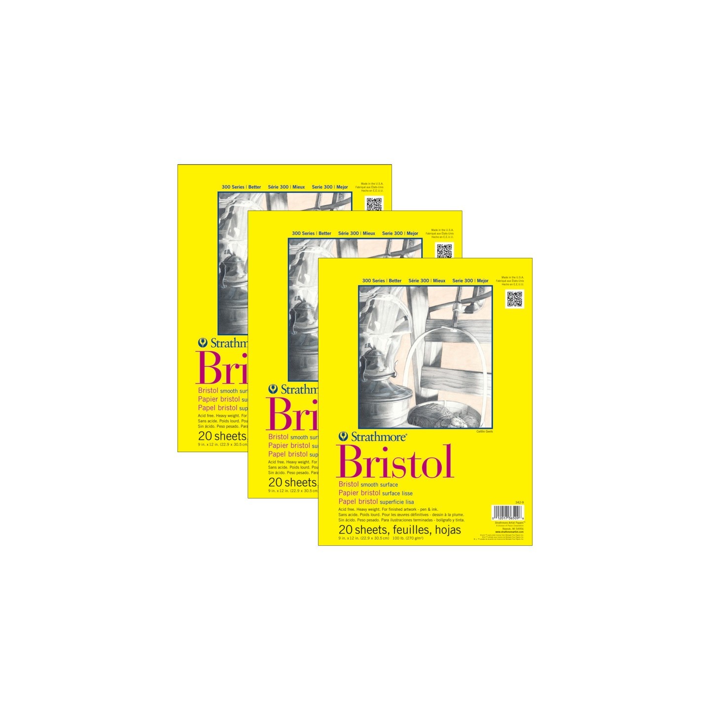 Strathmore 300 Series Bristol Pad, Smooth Finish, Tape Binding, 20 Sheet, 9x12 inch, Pack of 3