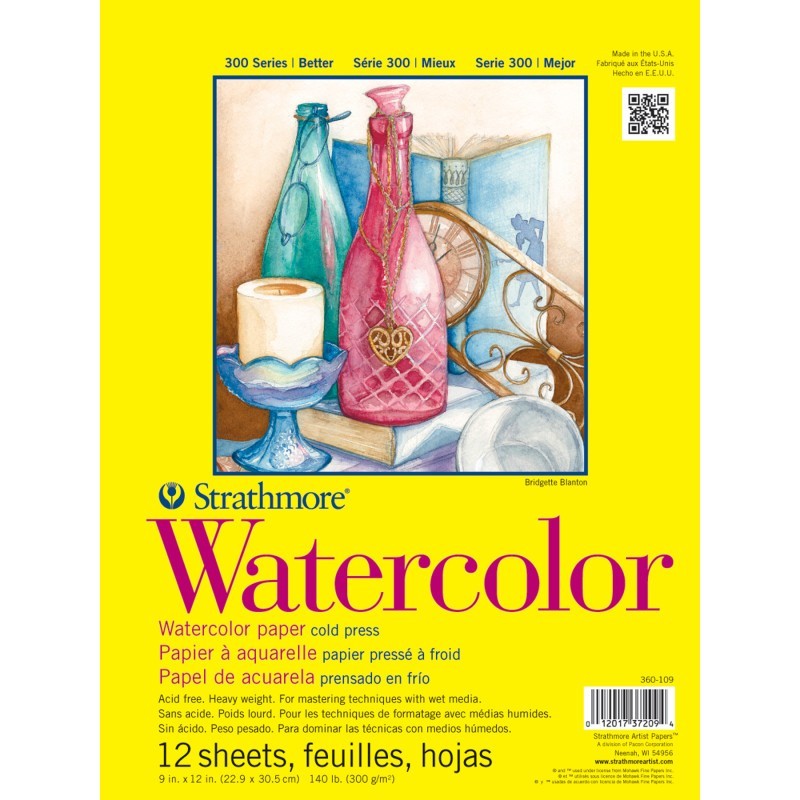 Strathmore 300 Series Watercolor Pad, Cold Pressed, Tape Binding, 12 Sheet, 9x12 inch, 1 Count