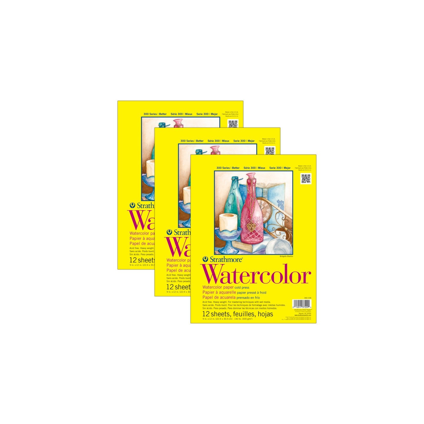Strathmore 300 Series Watercolor Pad, Cold Pressed, Tape Binding, 12 Sheet, 9x12 inch, Pack of 3