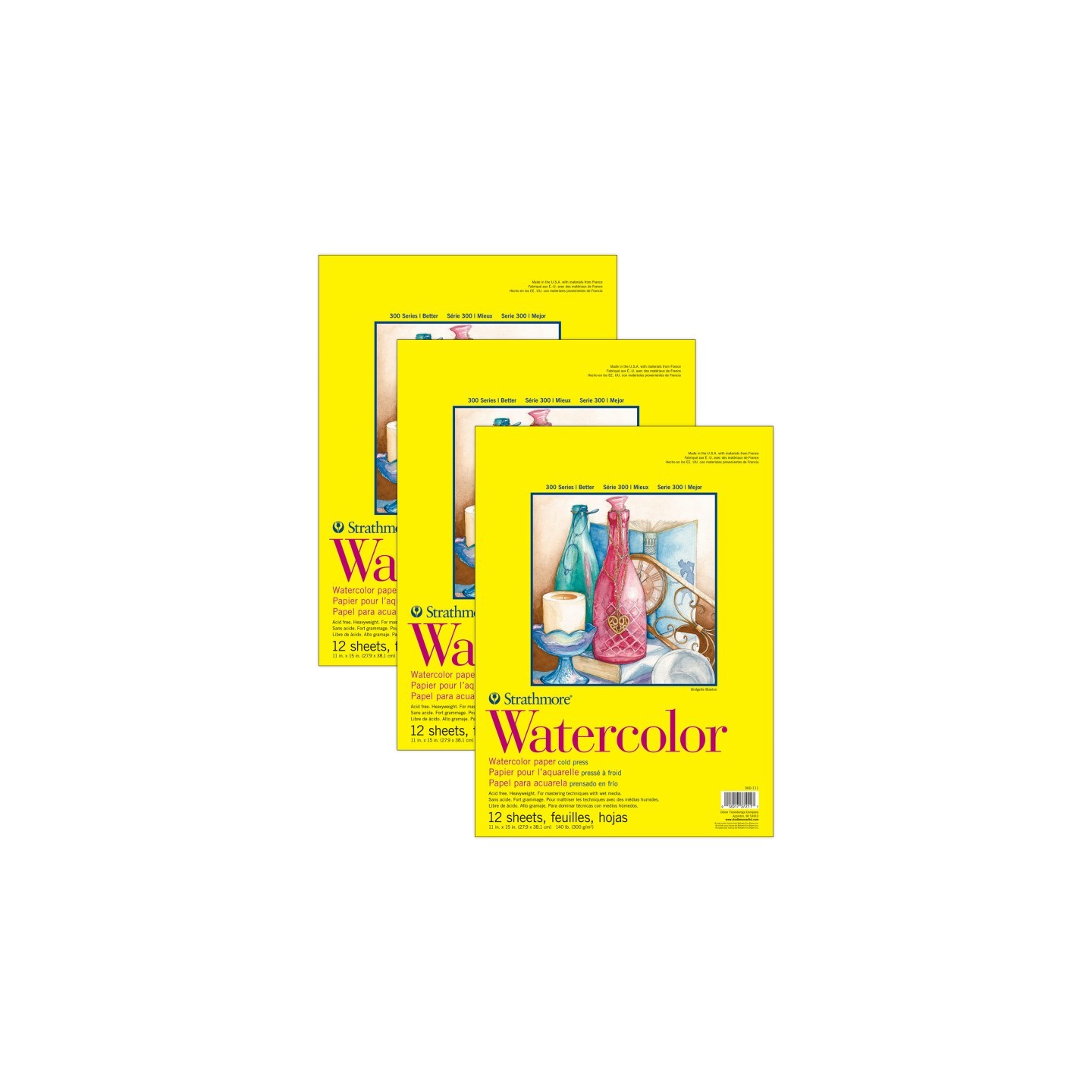 Strathmore 300 Series Watercolor Pad, Cold Pressed, Tape Binding, 12 Sheet, 11x15 inch, Pack of 3