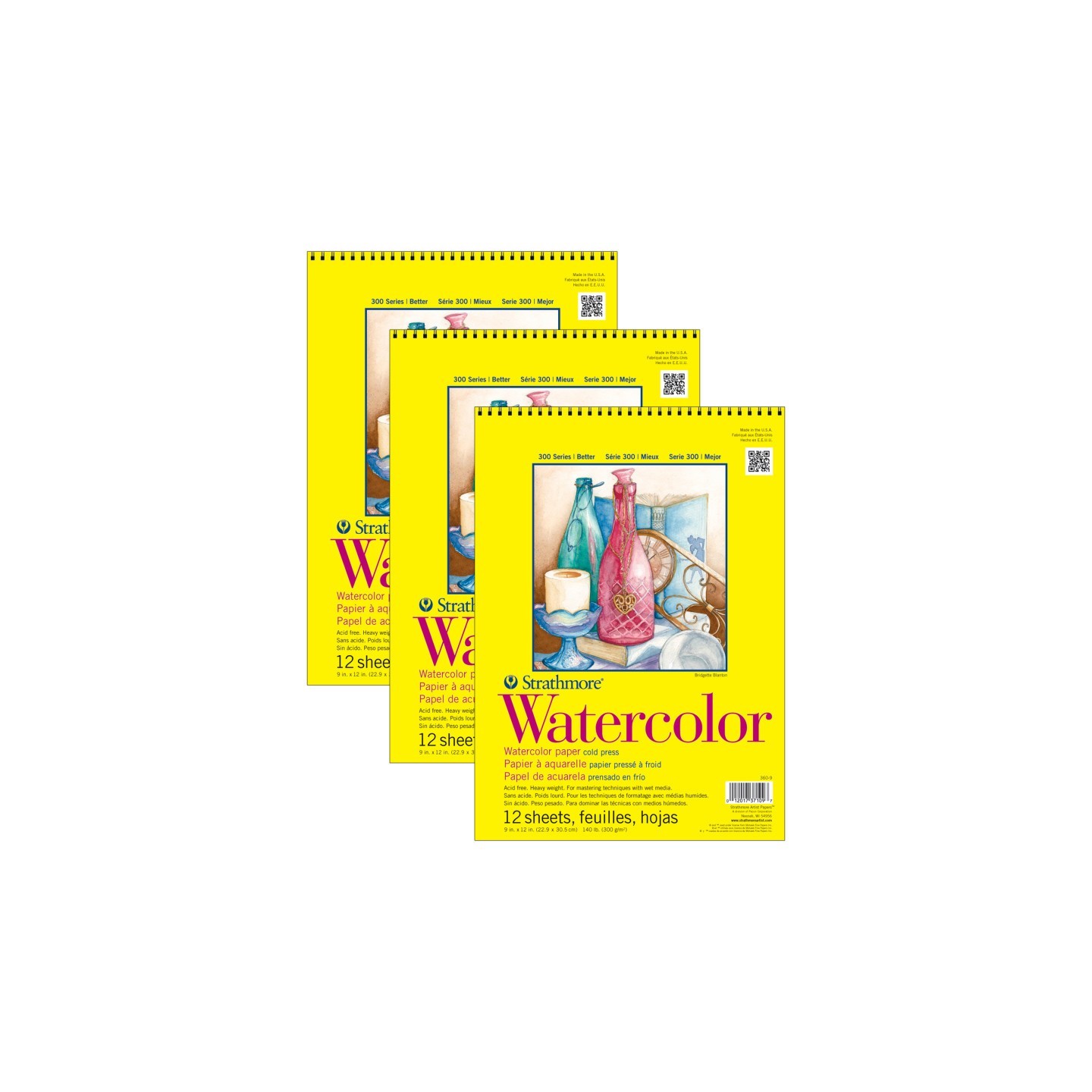 Strathmore 300 Series Watercolor Pad, Cold Pressed, Top Wire Binding, 12 Sheet, 9x12 inch, Pack of 3