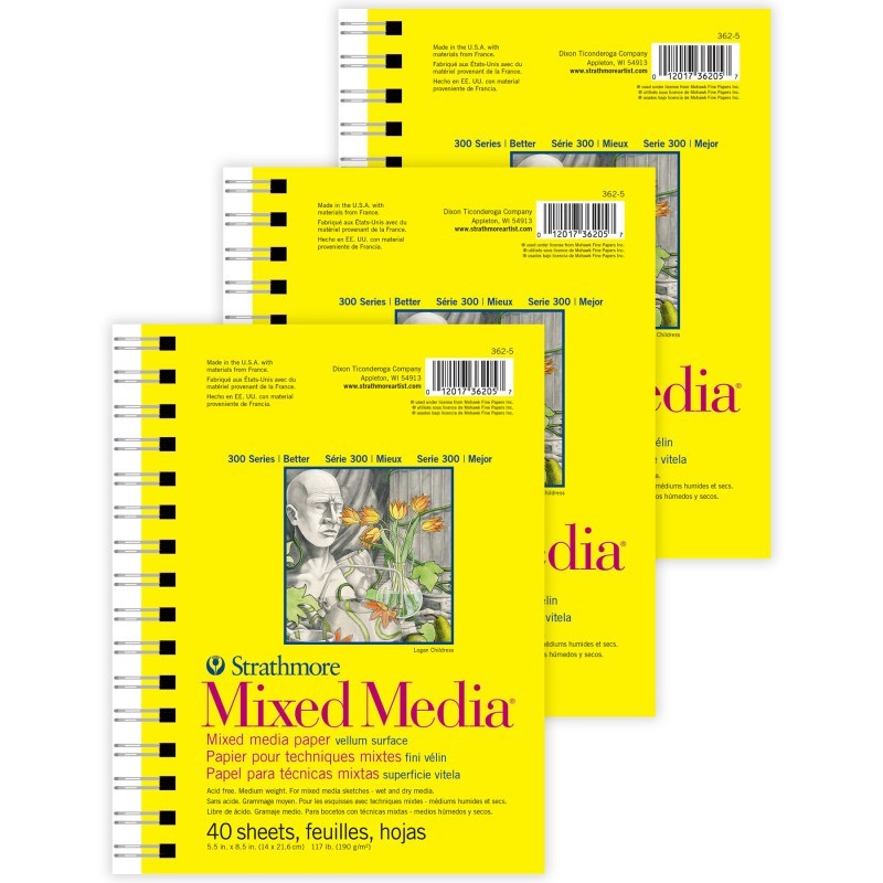 Strathmore 300 Series Mixed Media Pad, Side Wire Binding, 40 Sheet, 5.5x8.5 inch, Pack of 3