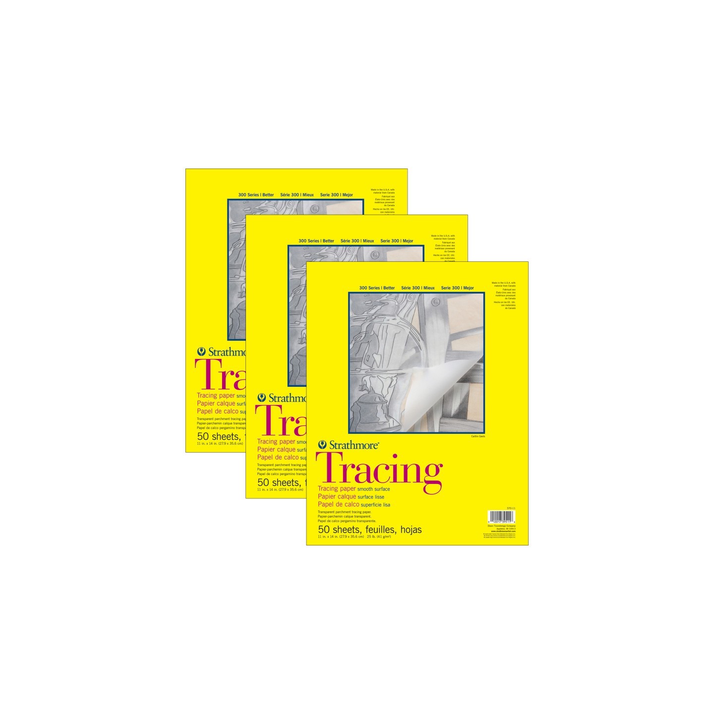 Strathmore 300 Series Tracing Pad, Tape Binding, 50 Sheet, 11x14 inch, Pack of 3