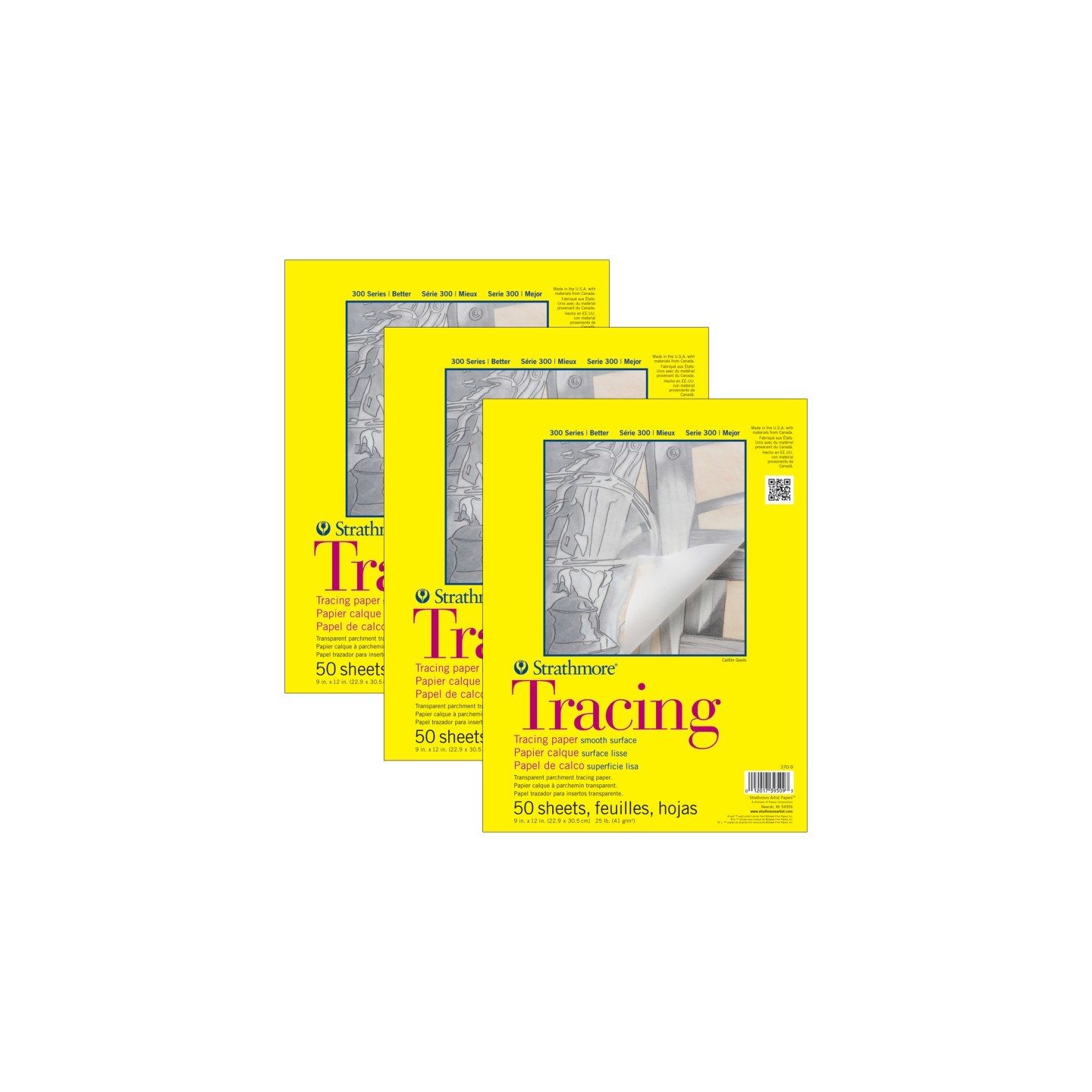 Strathmore 300 Series Tracing Pad, Tape Binding, 50 Sheet, 9x12 inch, Pack of 3