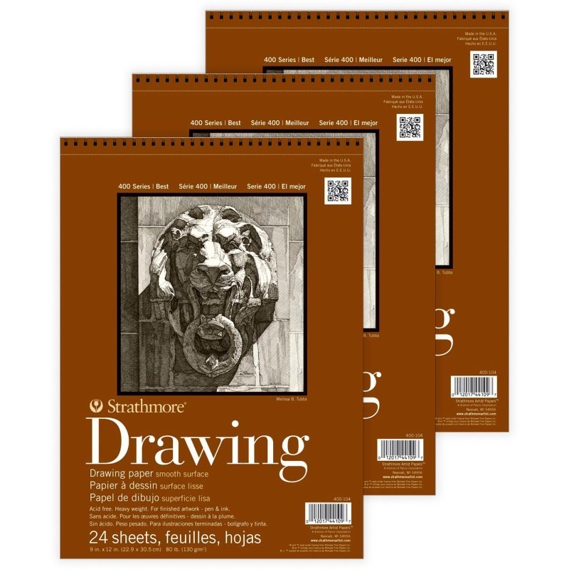 Strathmore 400 Series Drawing Paper Pad, Smooth Finish, Wire Binding, 24 Sheet, 9x12 inch, 1 Count, Pack of 3