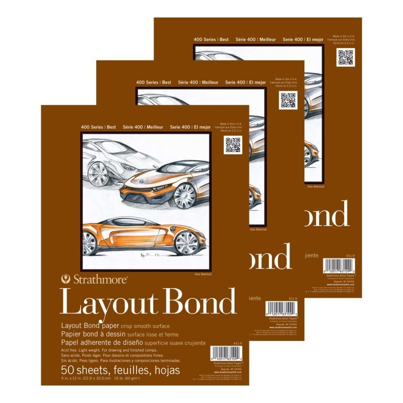 Strathmore 400 Series Layout Paper Pad, Glue Binding, 50 Sheet, 9x12 inch, 1 Count, Pack of 3