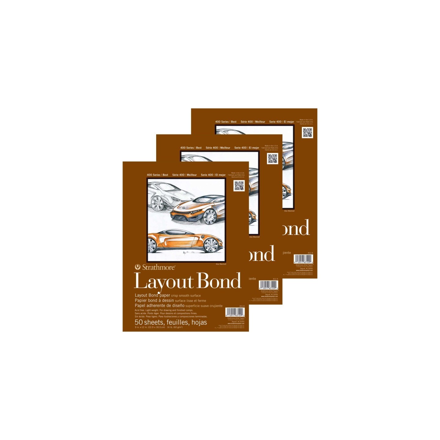 Strathmore 400 Series Layout Paper Pad, Glue Binding, 50 Sheet, 9x12 inch, 1 Count, Pack of 3