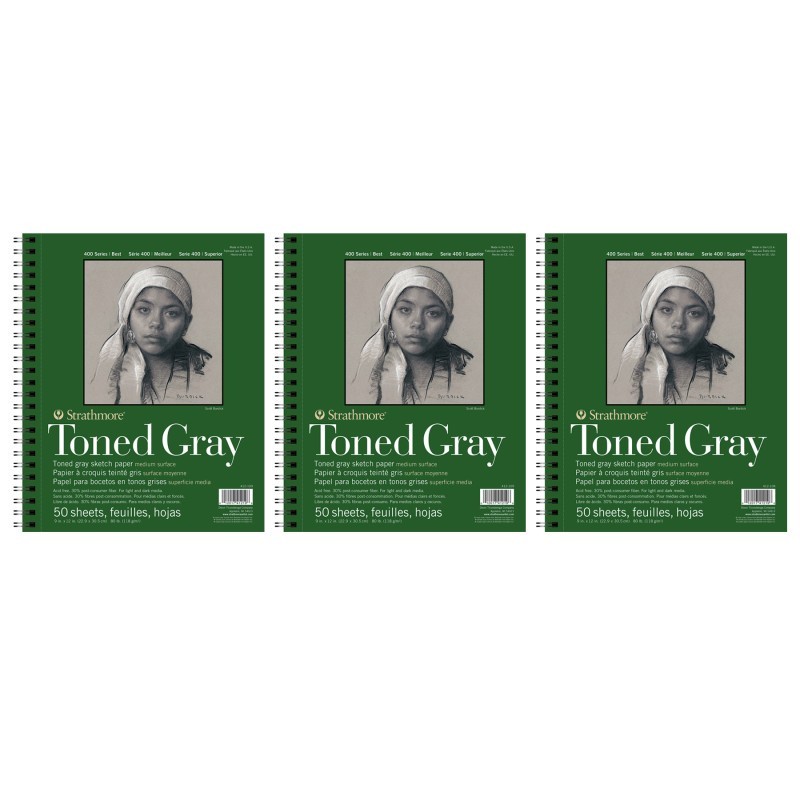 Strathmore 400 Series Sketch Pad, Recycled, Toned Gray, Side Wire Binding, 50 Sheet, 9x12 inch, Pack of 3